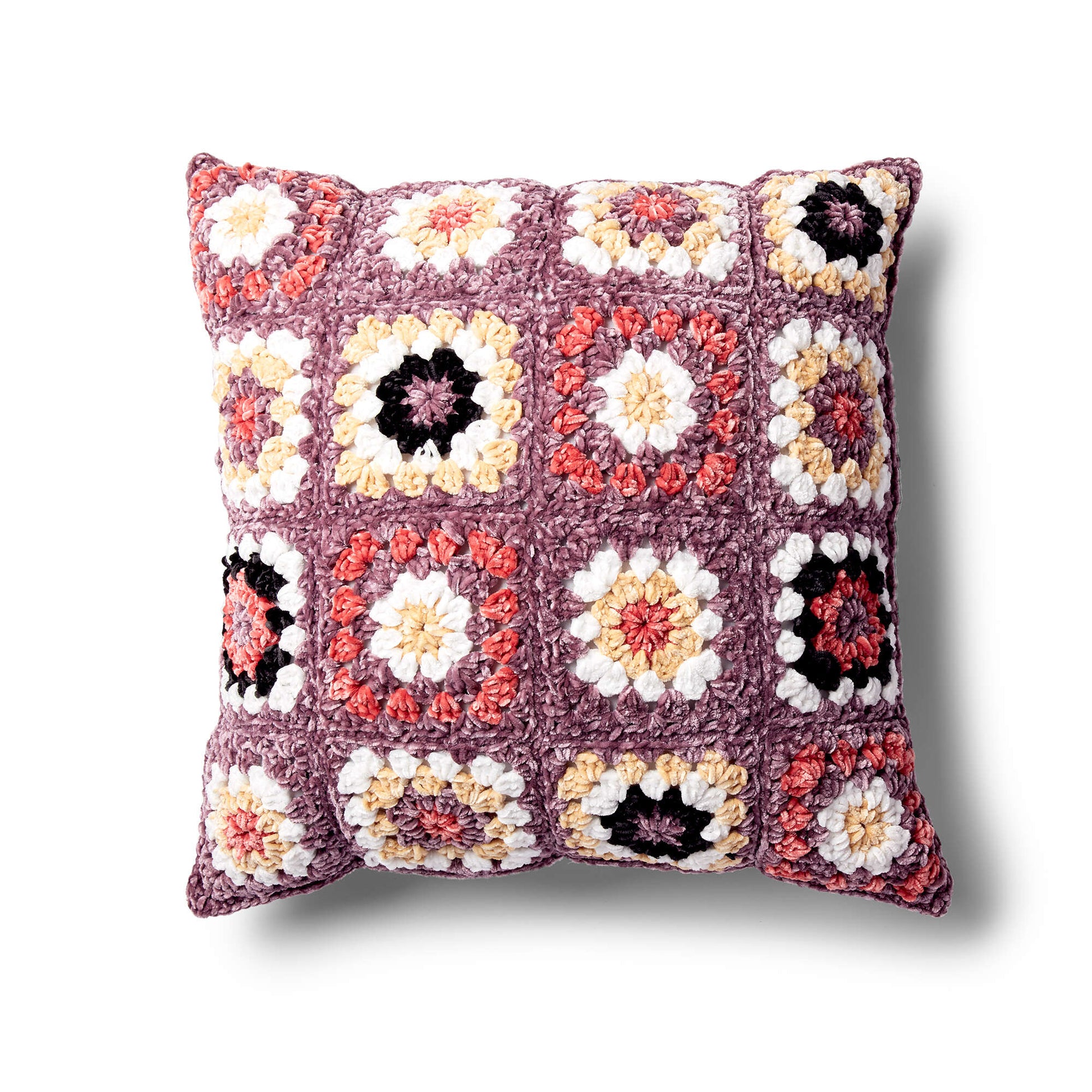 Bernat Pretty Granny Square Pillow Crochet Pillow made in Bernat Velvet yarn