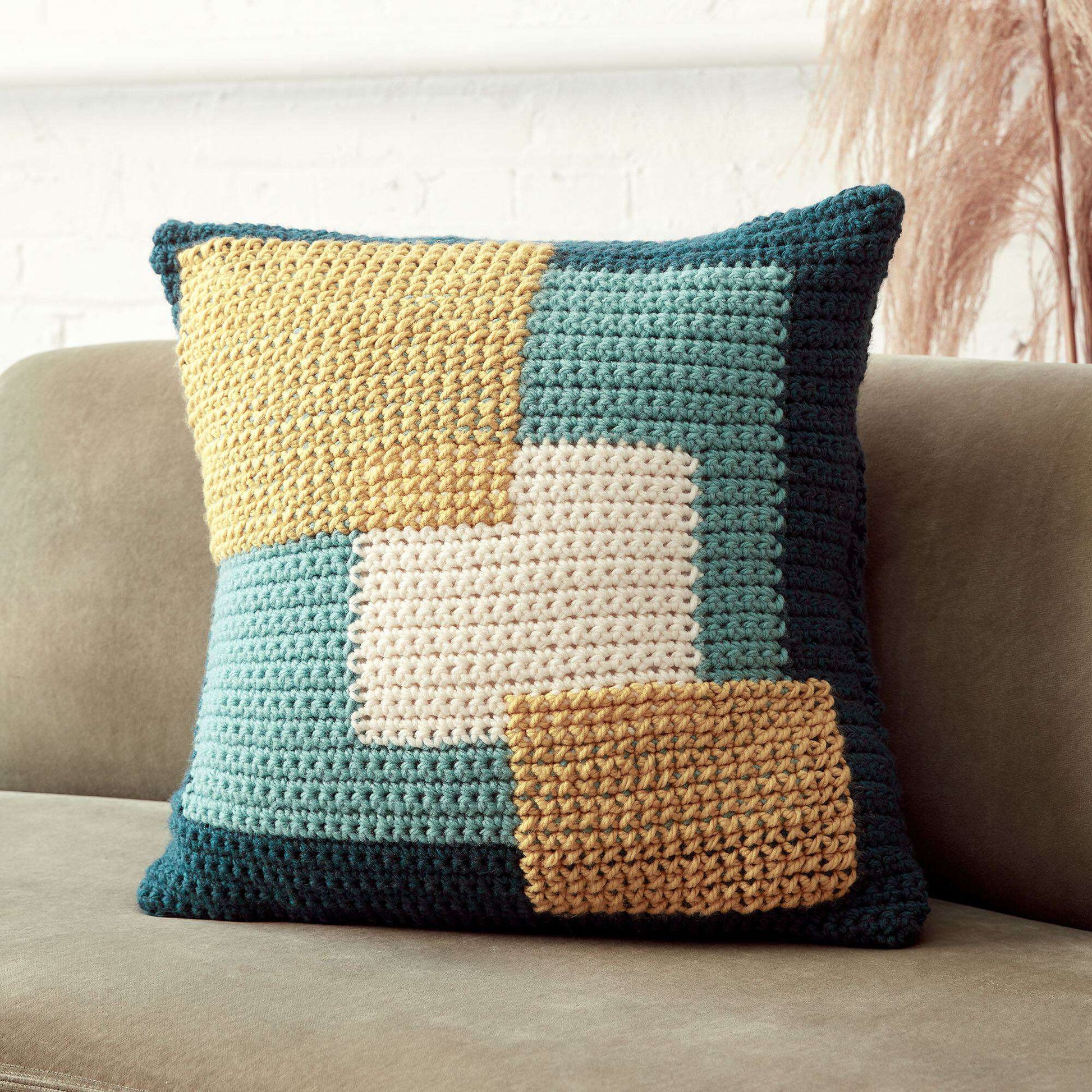 Free Bernat Crossed Squares Crochet Pillow Pattern