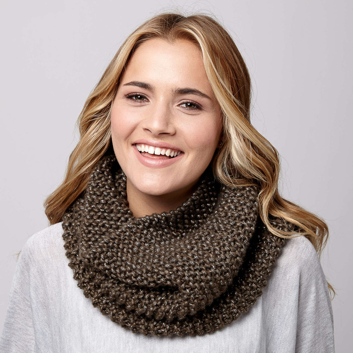 Knit Cowl made in Bernat Dazzle yarn