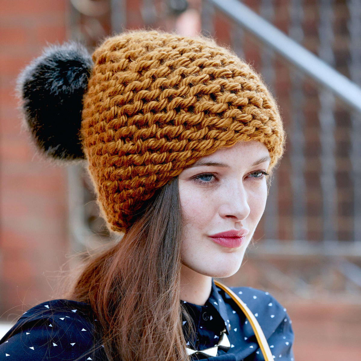 Knit Hat made in Bernat Faux Fur Pompom yarn