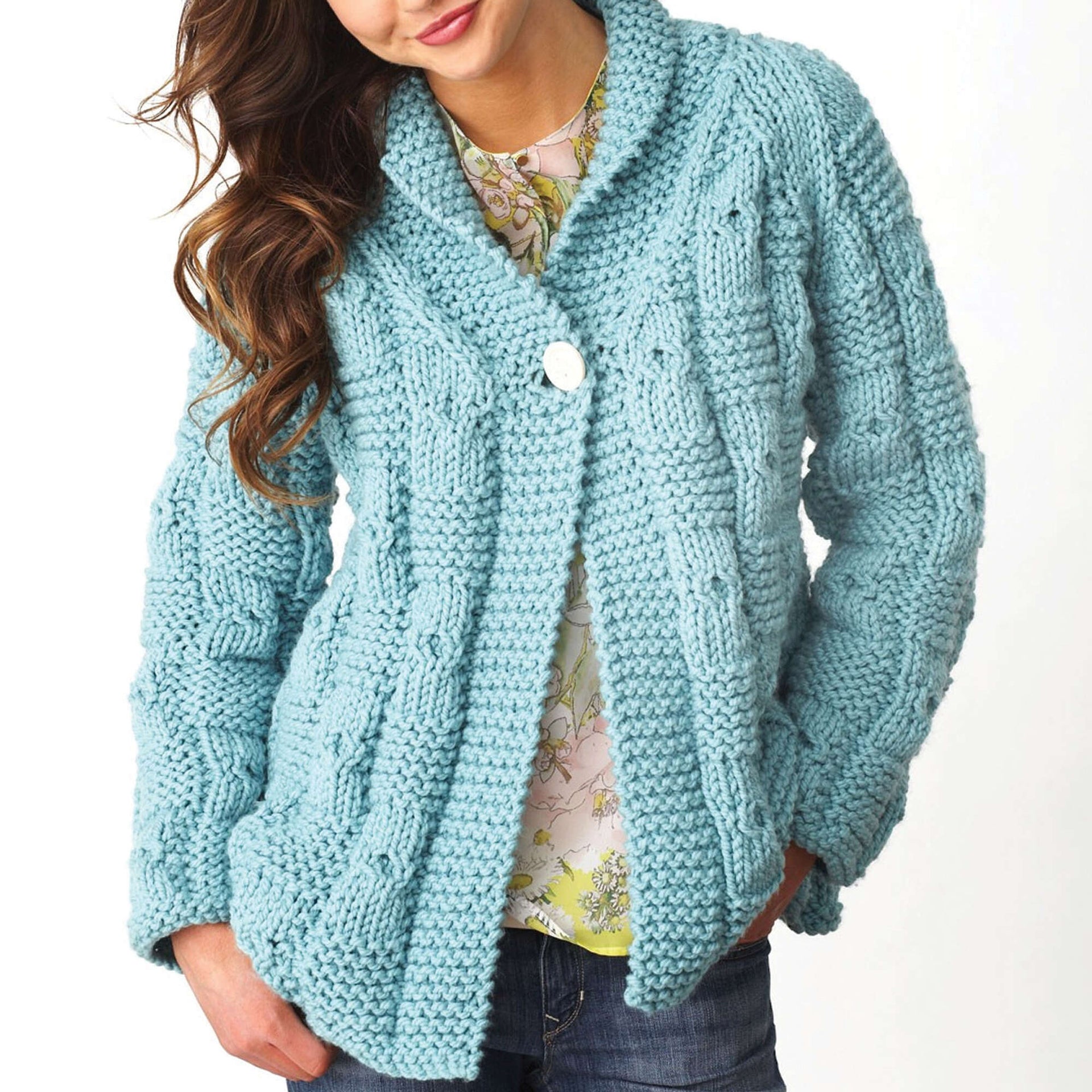Free Bernat Textured Checks Knit Cardigan Pattern | Yarnspirations