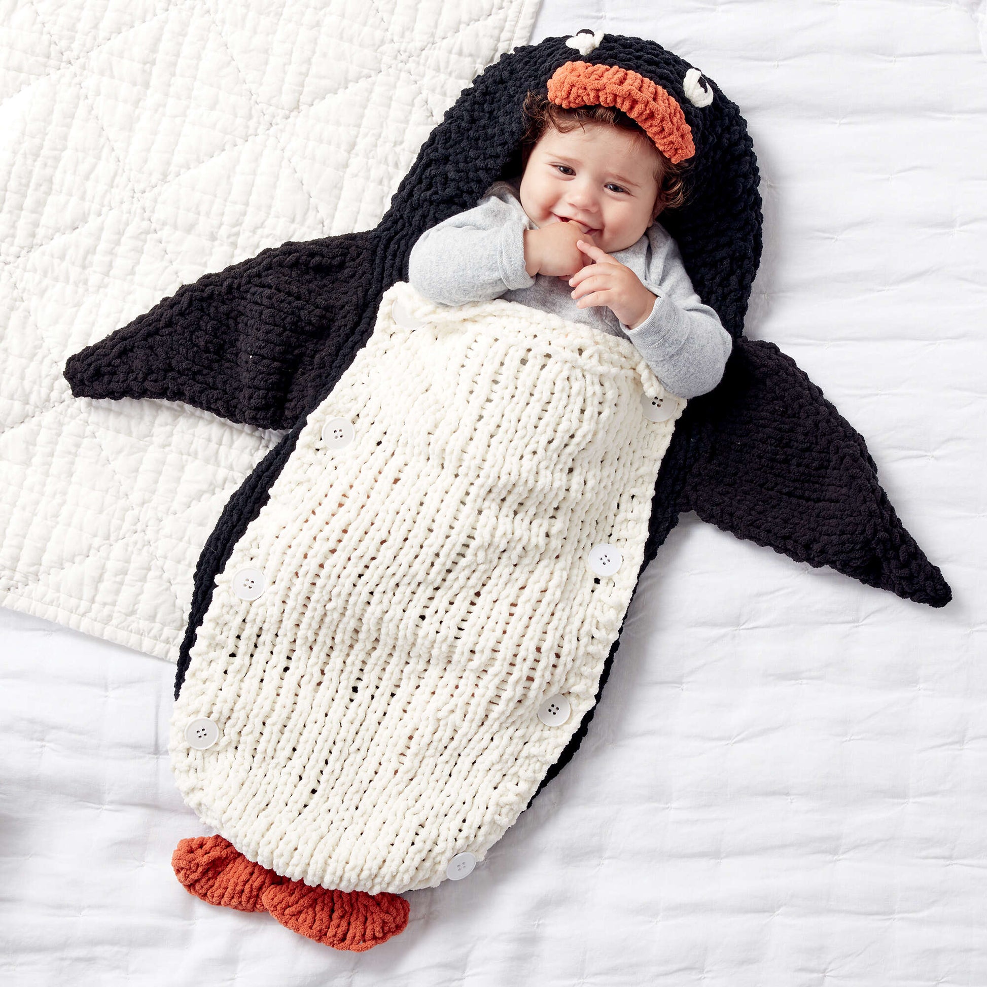 Bernat Knit Penguin Baby Sack Knit Blanket made in Bernat Blanket yarn