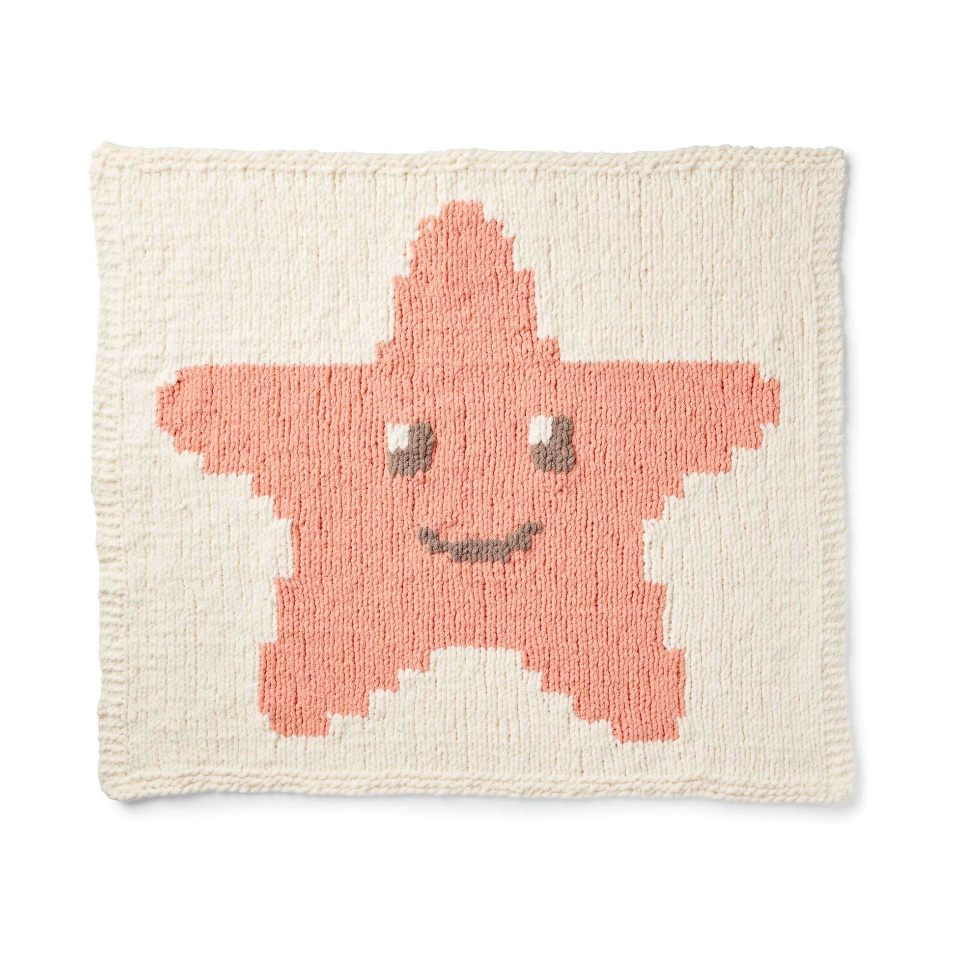 Bernat Knit Intarsia Smiling Starfish Baby Blanket Knit Blanket made in Bernat Baby Blanket yarn