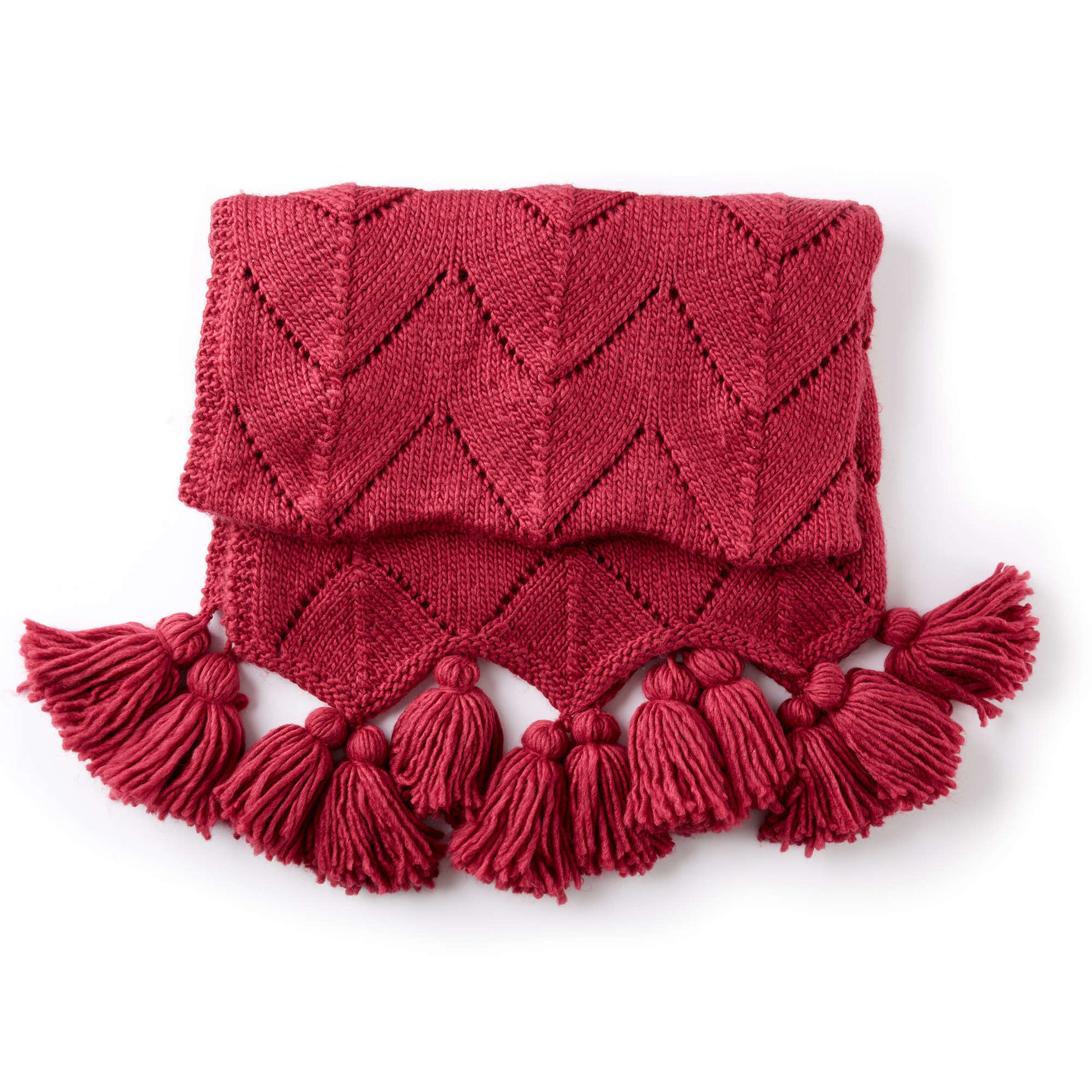 Free Bernat Horseshoe Lace Tasseled Knit Blanket Pattern