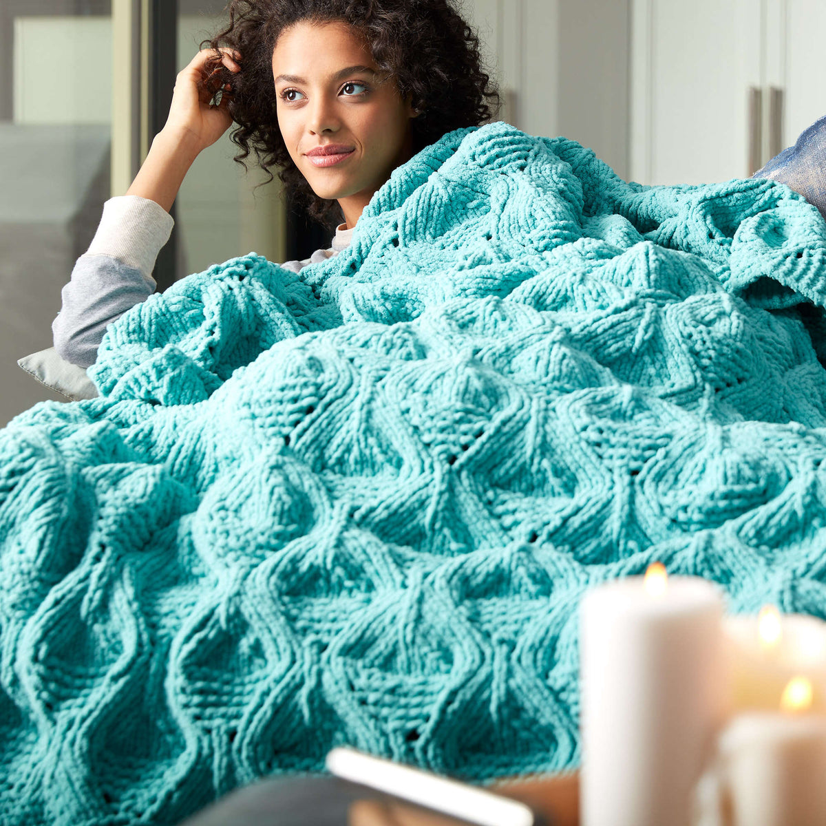 Knit Blanket made in Bernat Blanket yarn