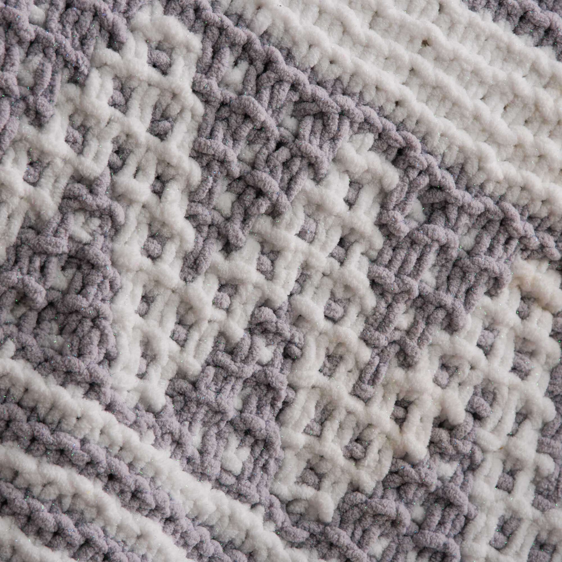 Bernat Mosaic Stripe And Chevron Knit Blanket Sparkle Knit Blanket made in Bernat Blanket Sparkle yarn