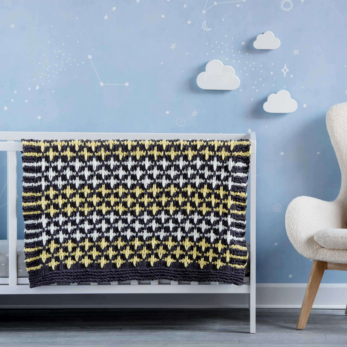 Knit Blanket made in Bernat Baby Blanket Sparkle yarn