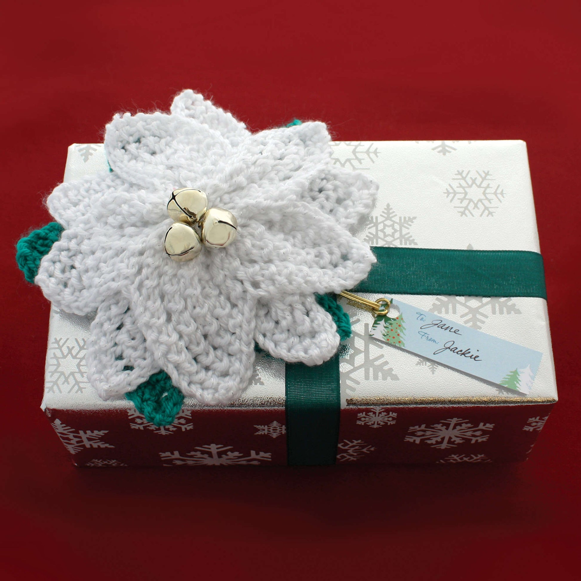 Bernat Poinsettia Gift Topper Knit Holiday made in Bernat Satin yarn