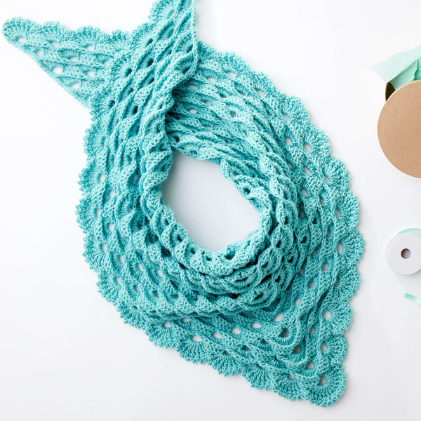 crochet shell shawl in aqua blue