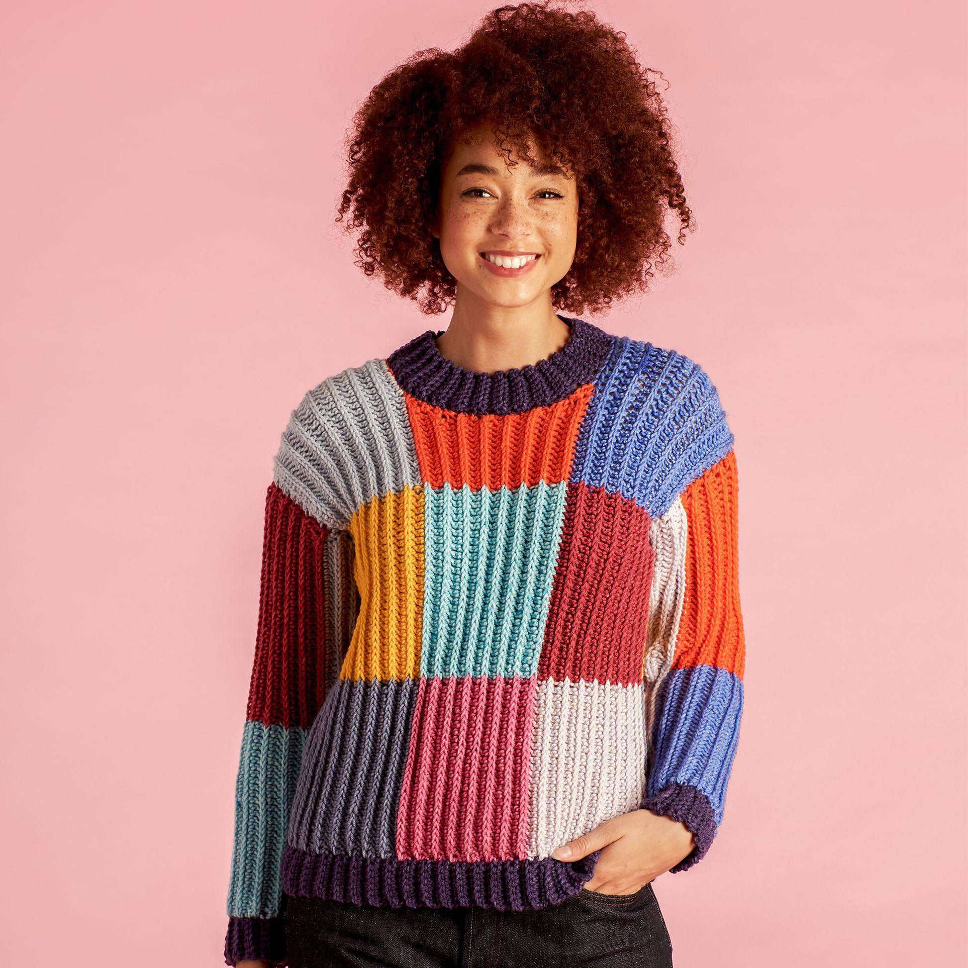 Free Caron Boxy Checks Crochet Sweater Pattern