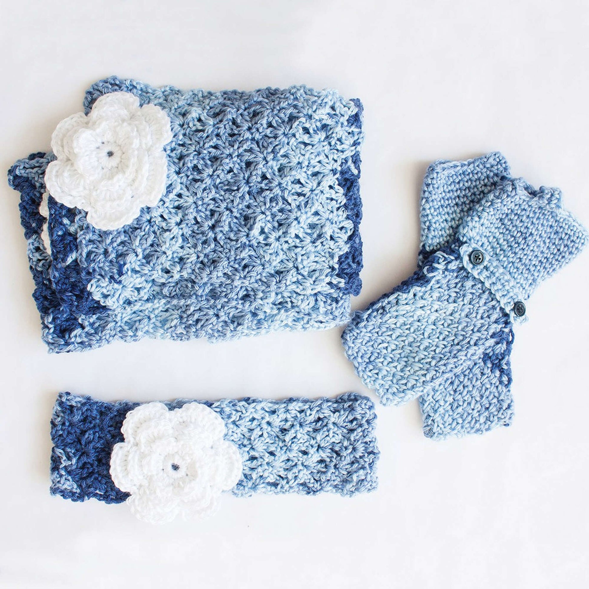 Free Caron Crochet Cozy Posy Set (Headband, Fingerless Gloves, Scarf) Pattern