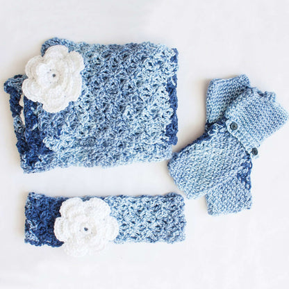 Caron Crochet Cozy Posy Set (Headband, Fingerless Gloves, Scarf) Teal Zeal