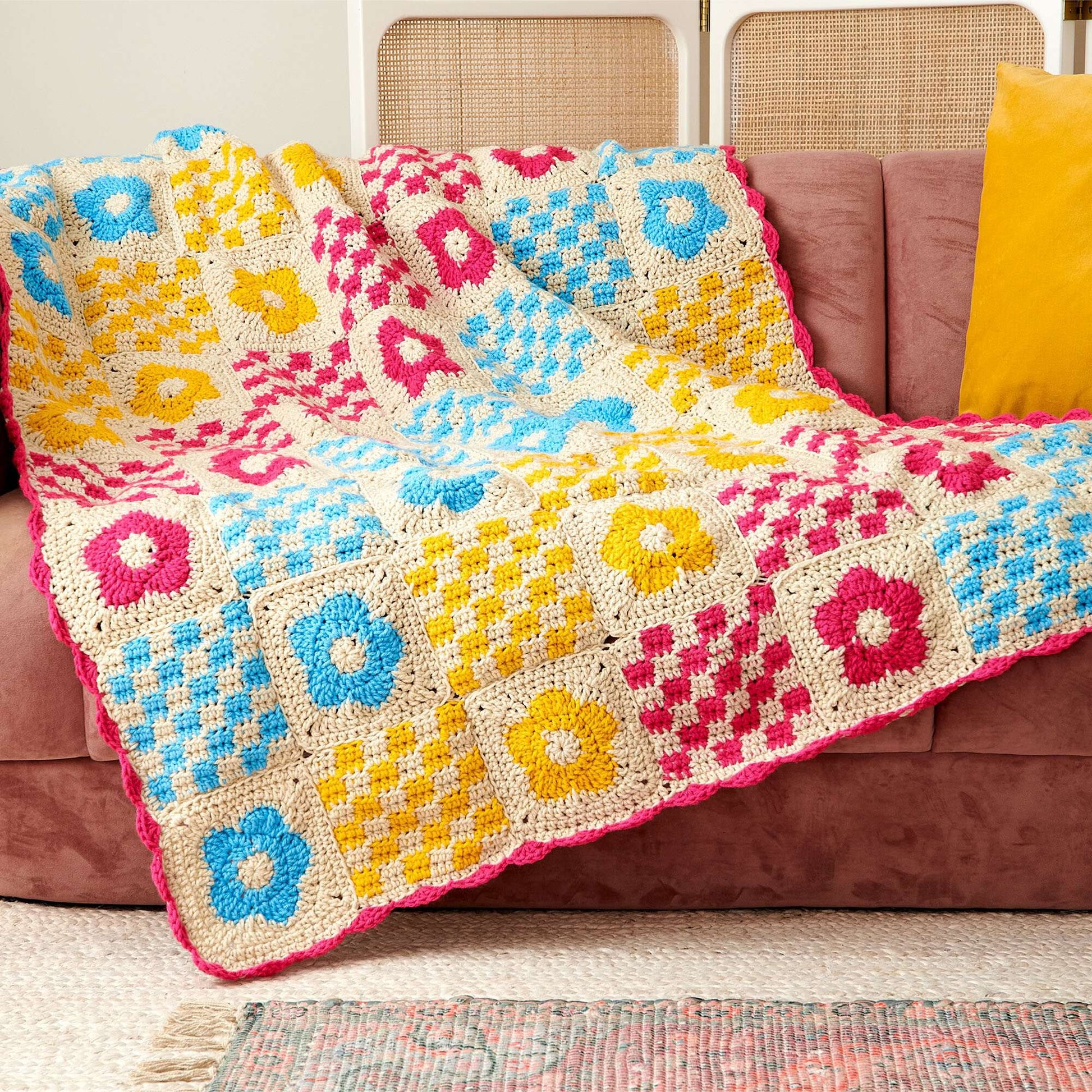 Free Caron Flowers & Checks Crochet Blanket Pattern
