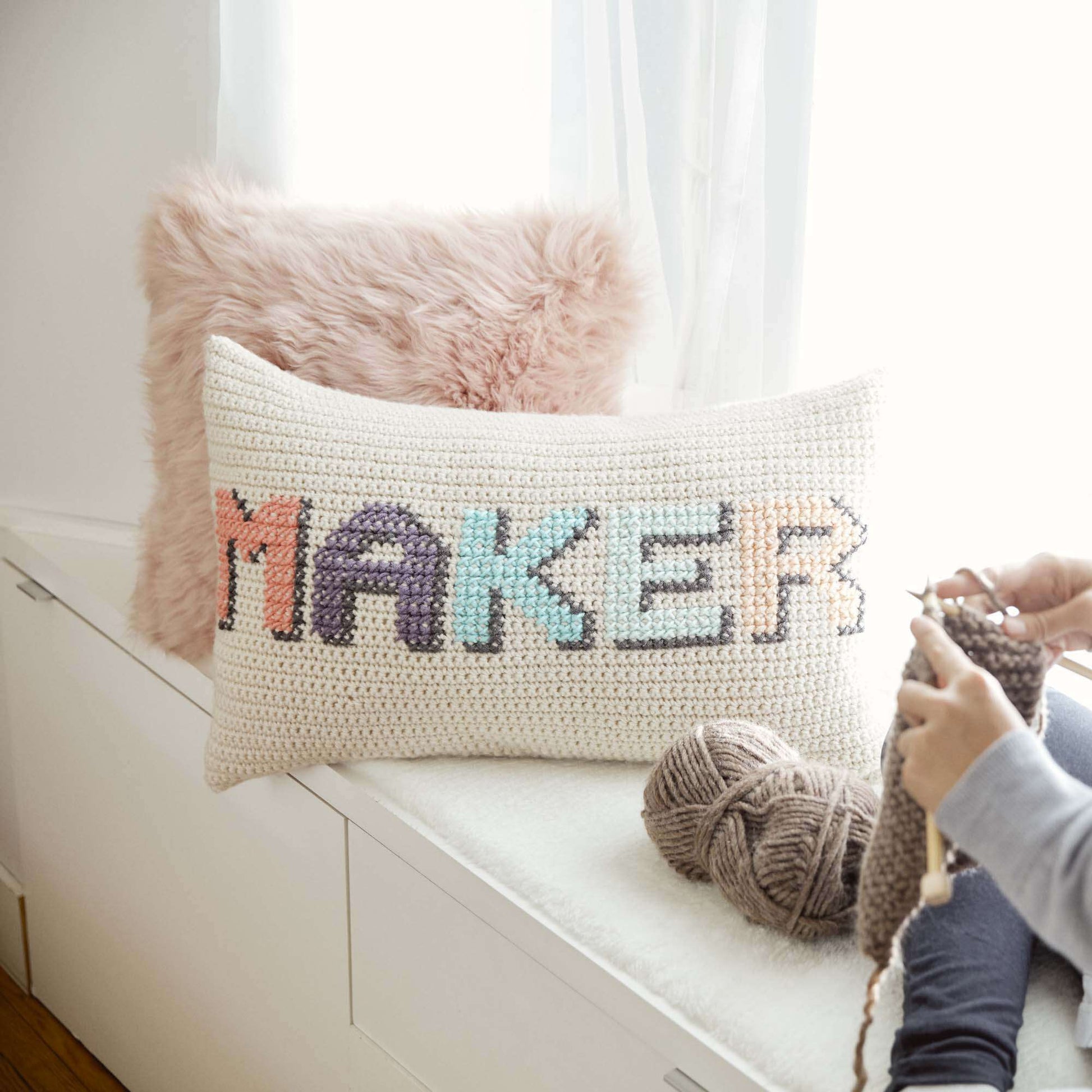 Free Caron Crochet & Cross Stitch "Maker" Pillow Pattern