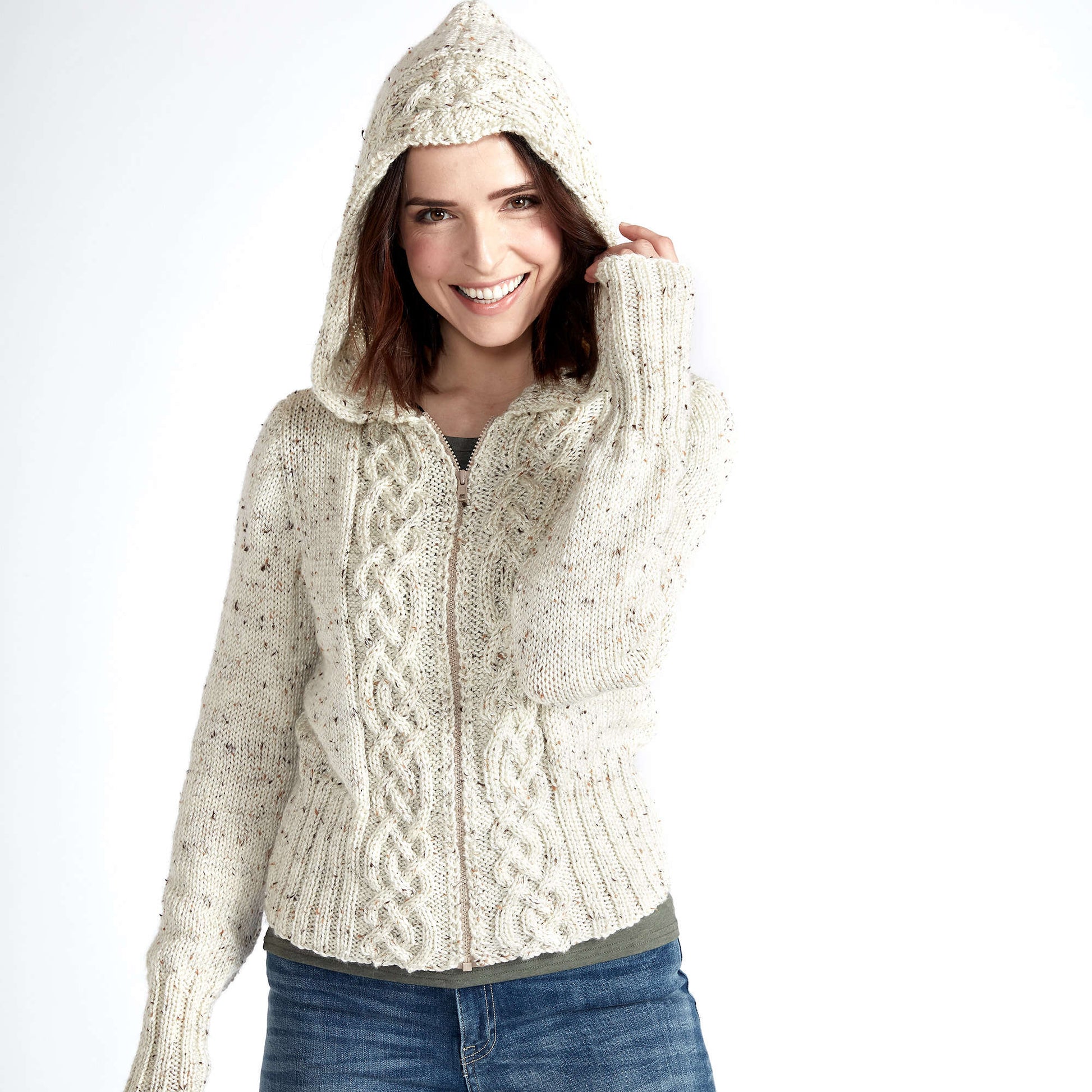 Free Caron Cozy Cable Knit Hooded Cardigan Pattern