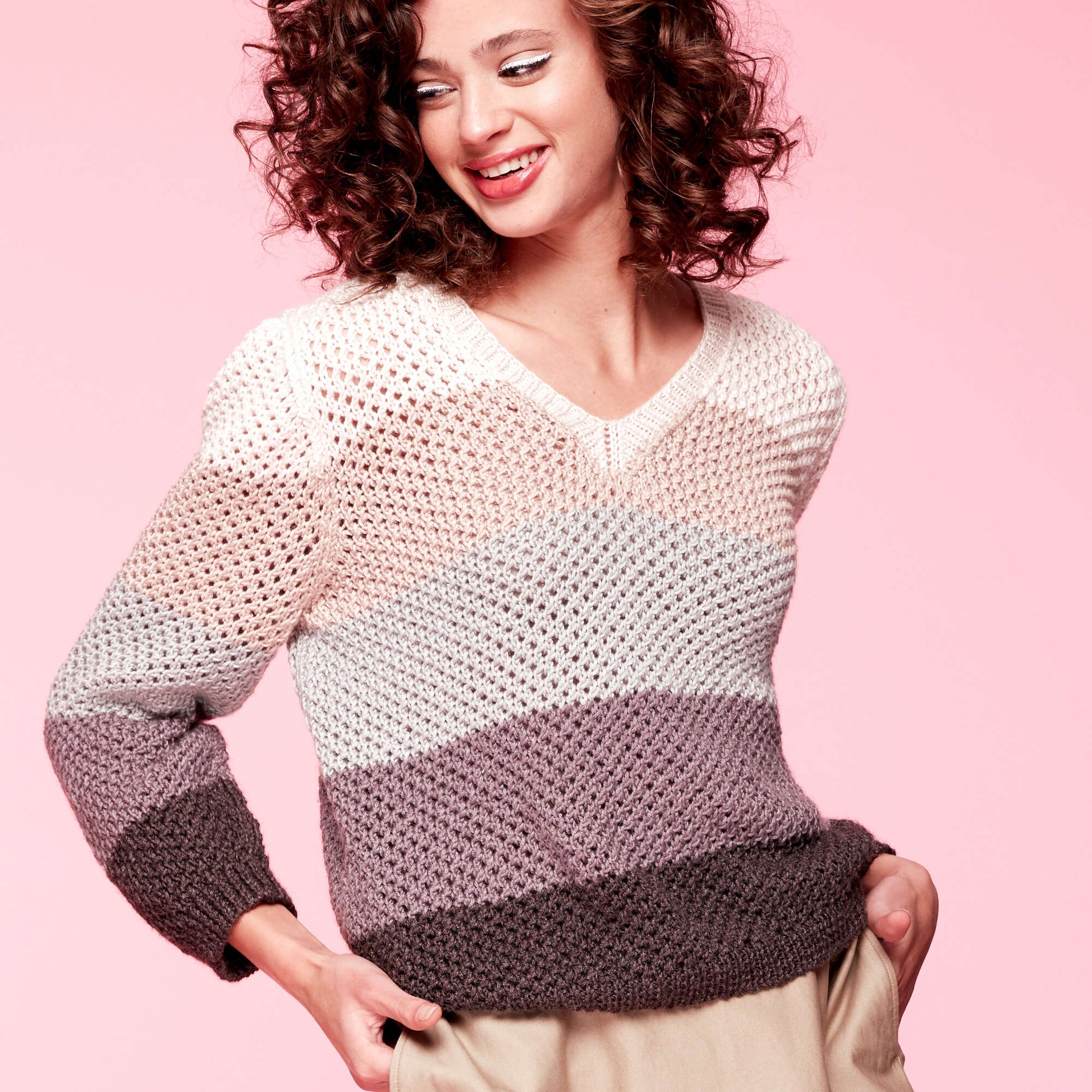 Free Caron x Pantone Shaded Steps Knit V-Neck Pullover Pattern