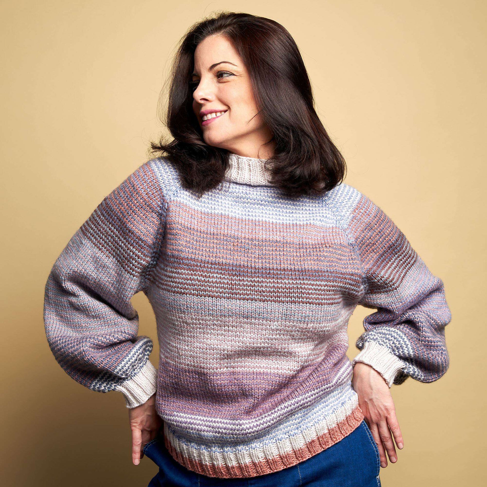 Free Caron Knit Striped Statement Sleeve Pullover Pattern