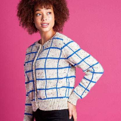 Caron Knit Windowpane Cardigan Knit Sweater made in Caron Simply Soft Tweeds yarn