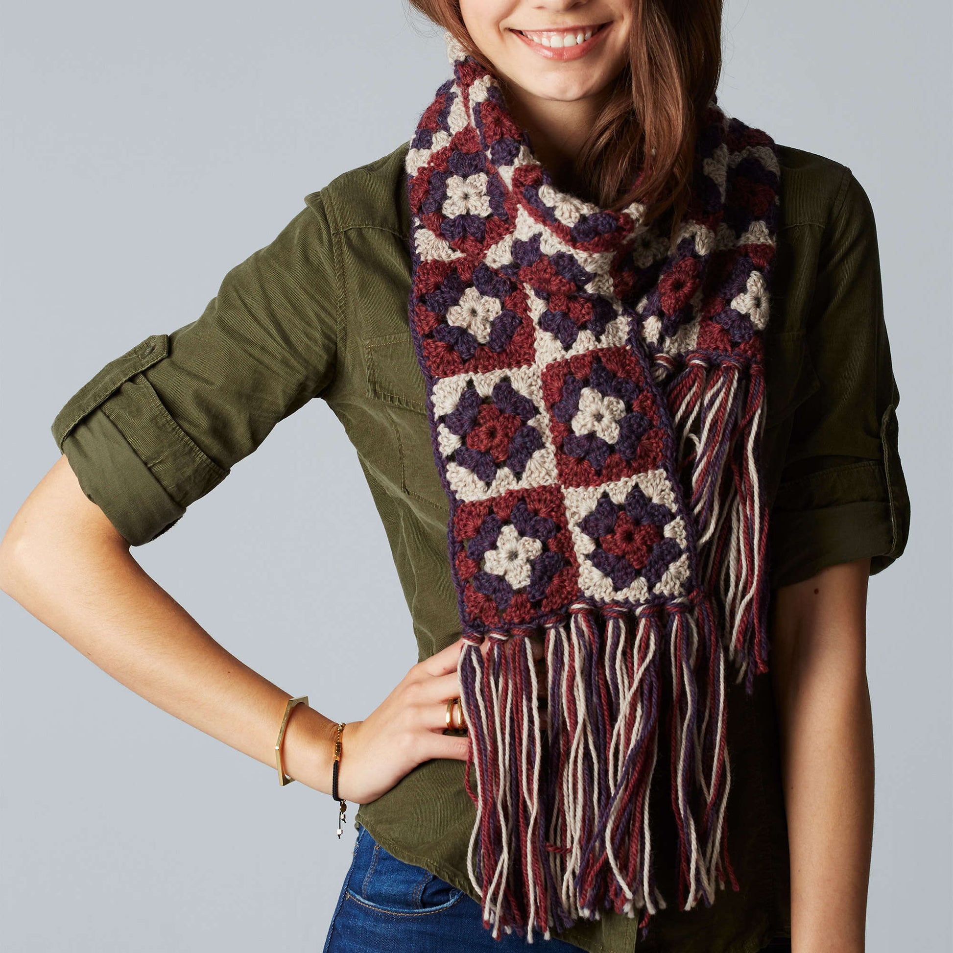 Free Patons Crochet Granny Square Scarf Pattern
