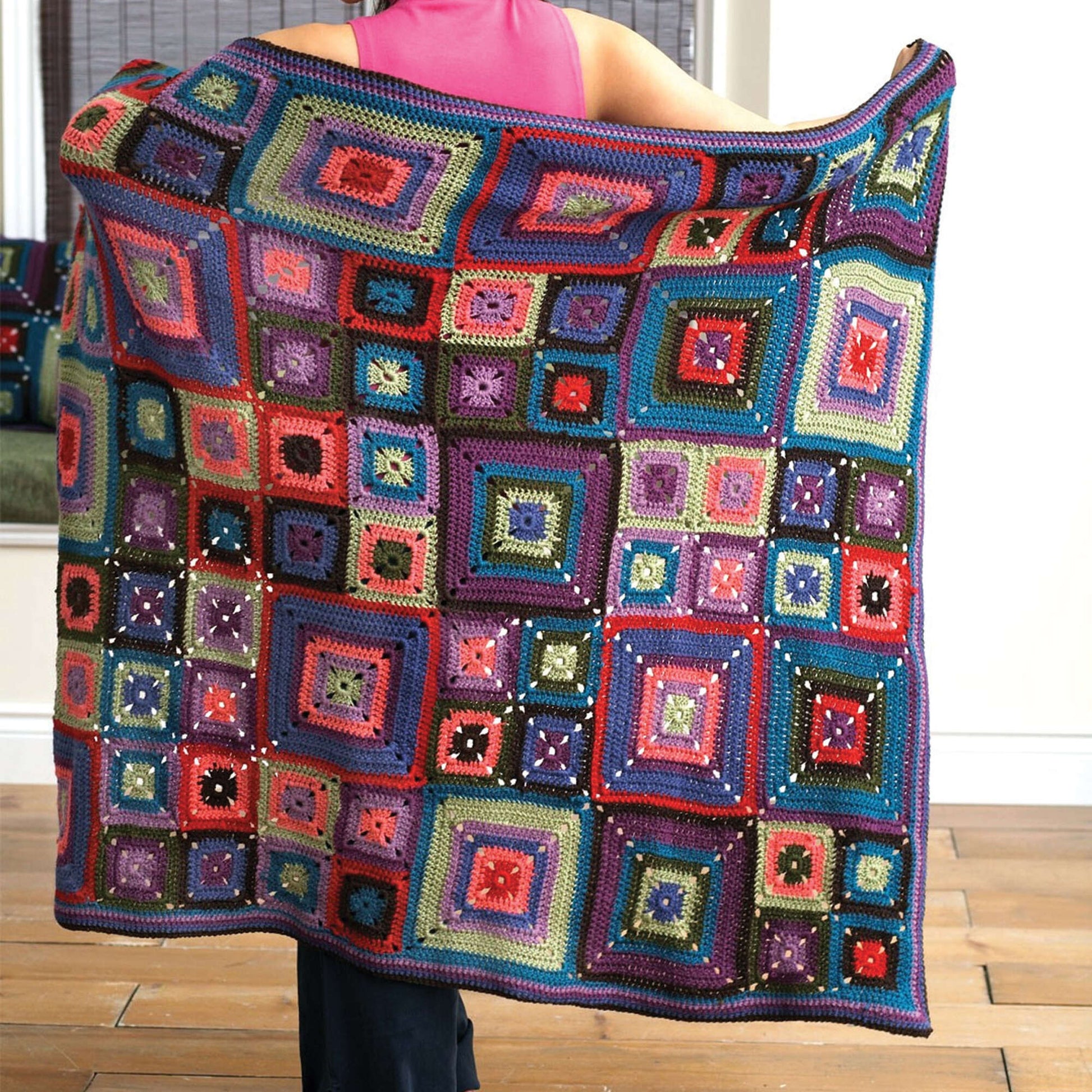 Free Patons Bright Squares Crochet Blanket & Pillow Set Pattern