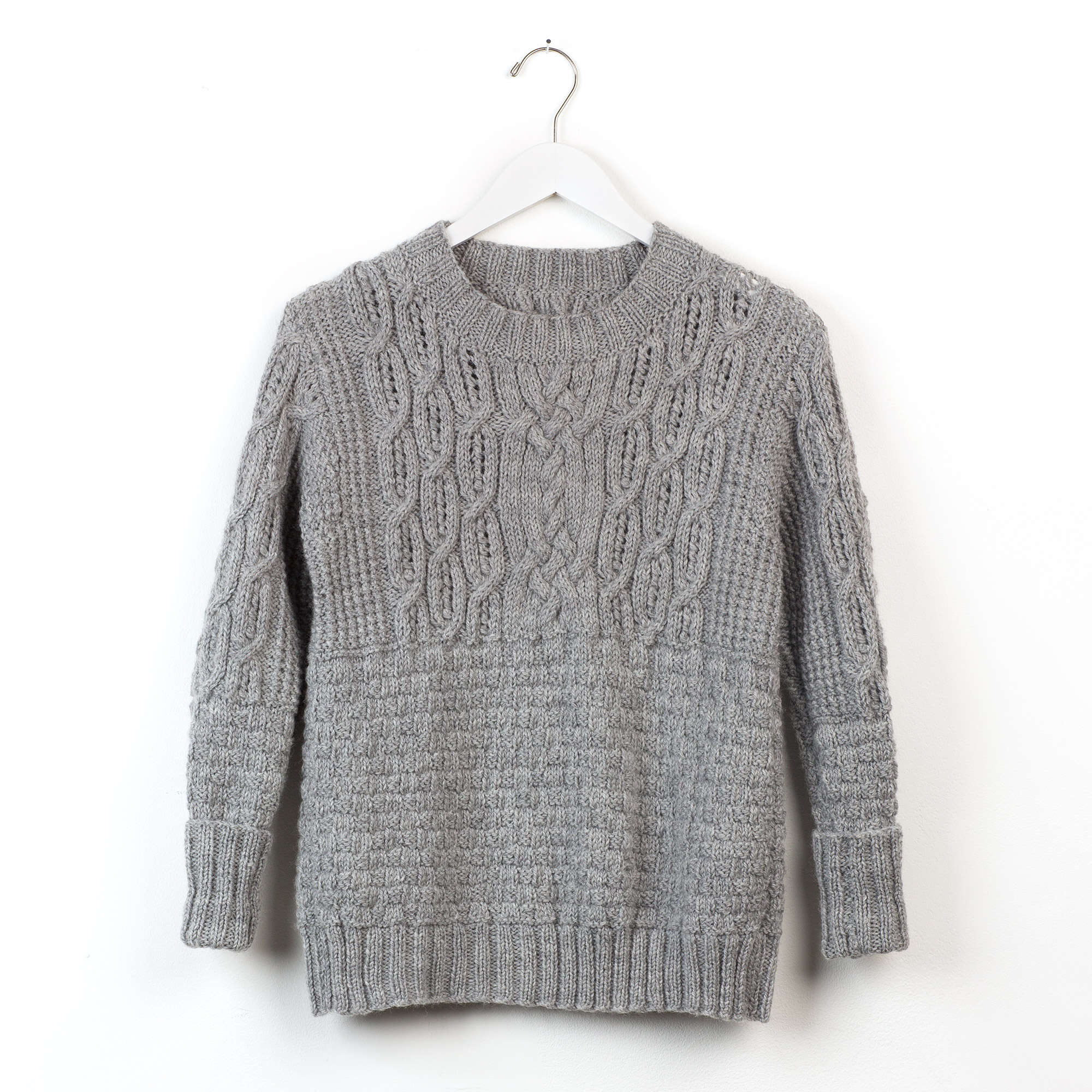 Free Patons Boxy Cabled Crew Knit Pullover Pattern | Yarnspirations