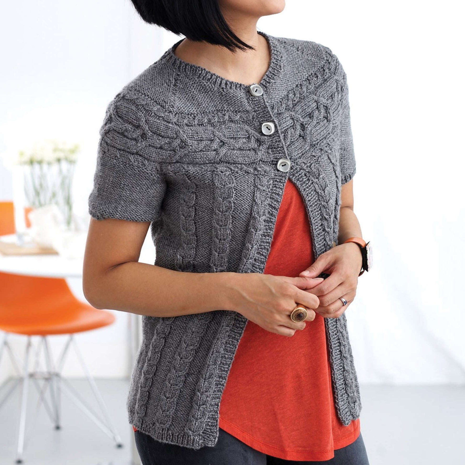 Free Patons Knit Cardigan With Cabled Yoke Pattern