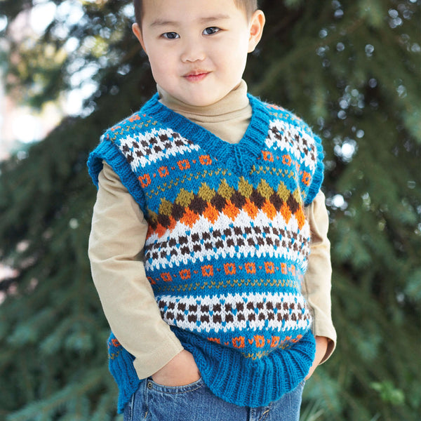 Free Patons Child's V-Neck Fair Isle Vest Knitting Pattern