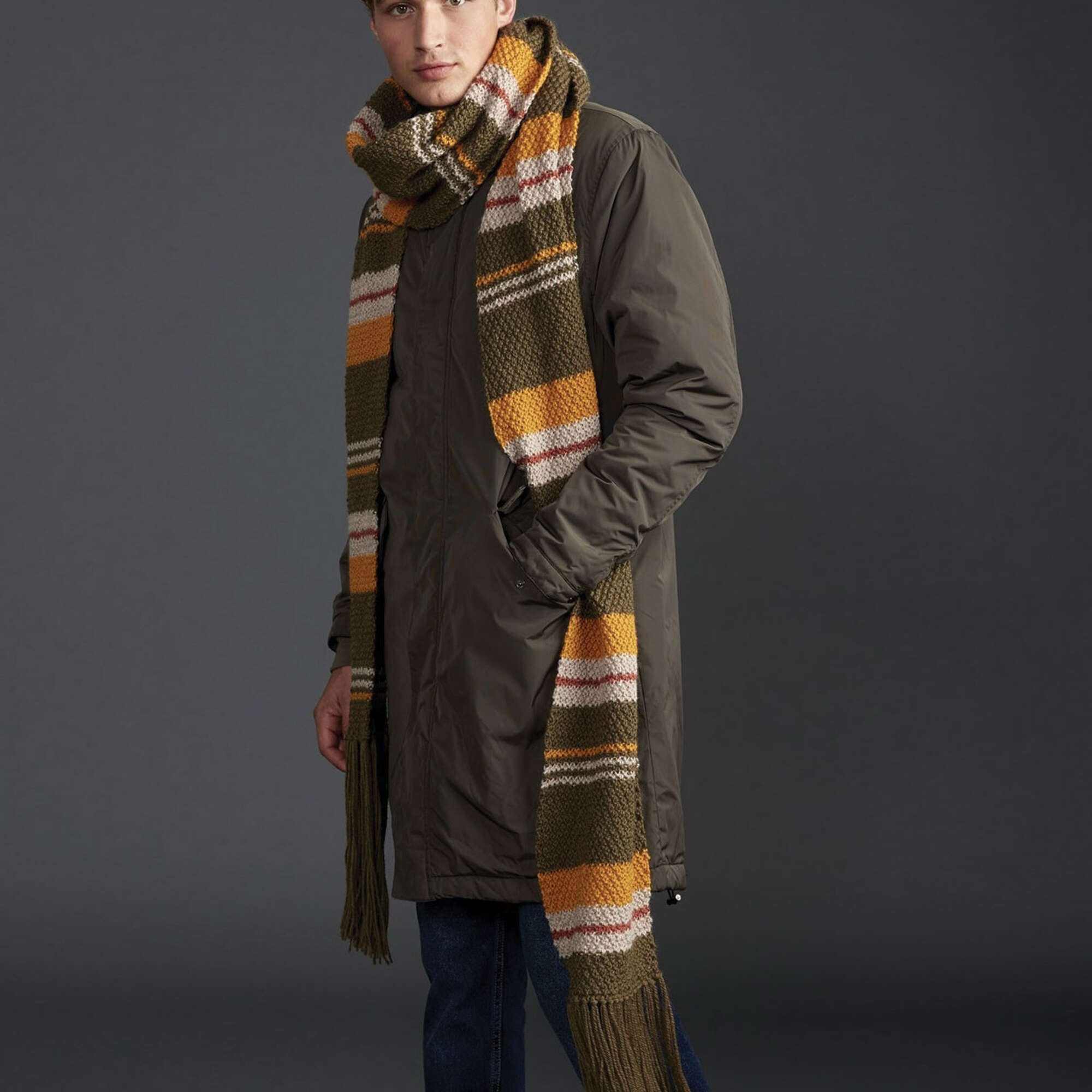 Free Easy Patons Moss Stripe Super Scarf Knitting Pattern