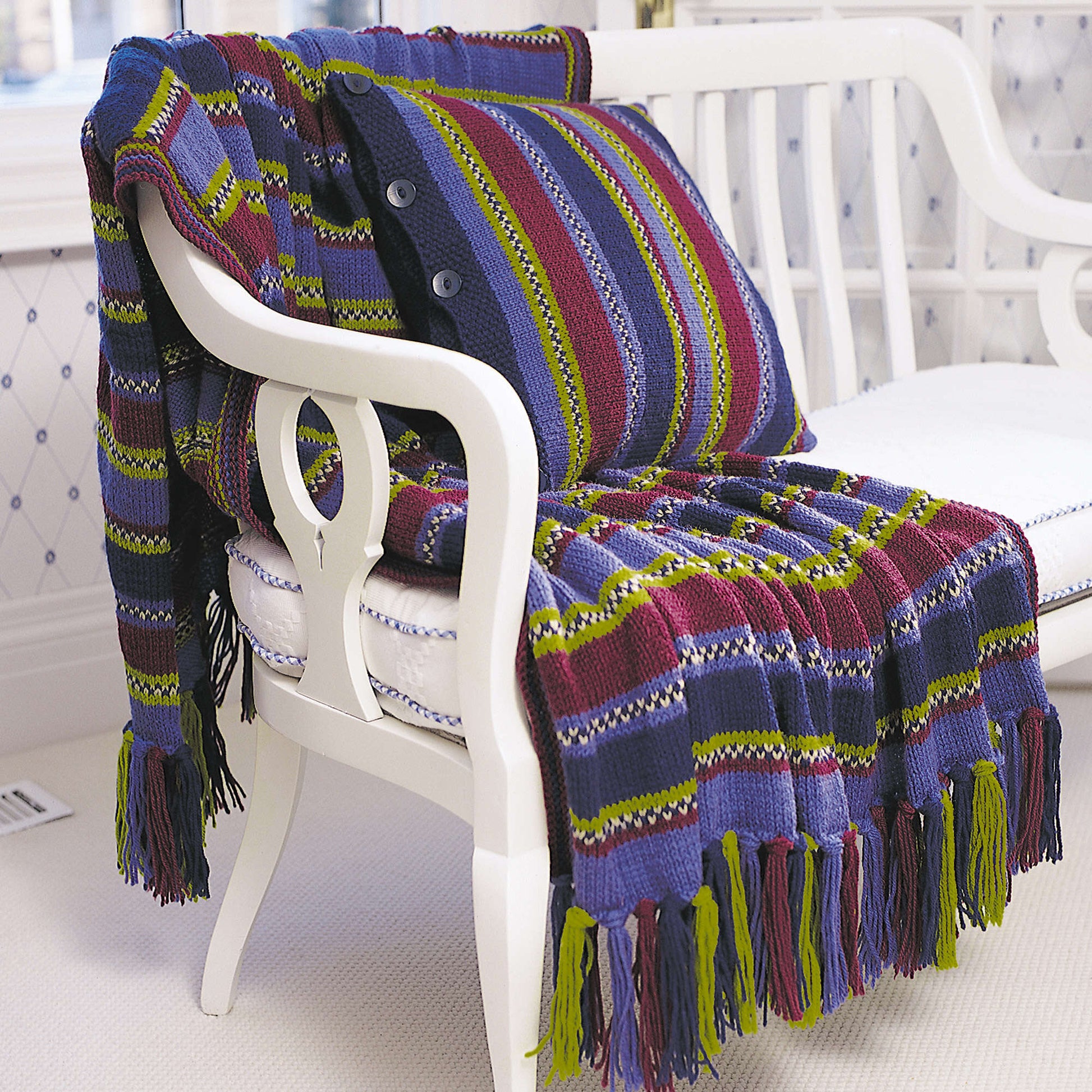 Free Patons Stripes & Checks Afghan & Pillow Set Knit Pattern