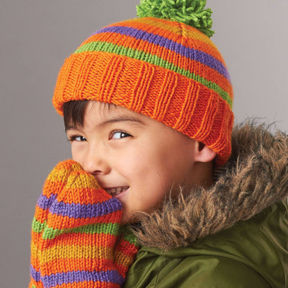 Patons Striped Basic Hat & Mittens Knit Orange
