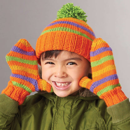 Patons Knit Striped Basic Hat & Mittens Orange