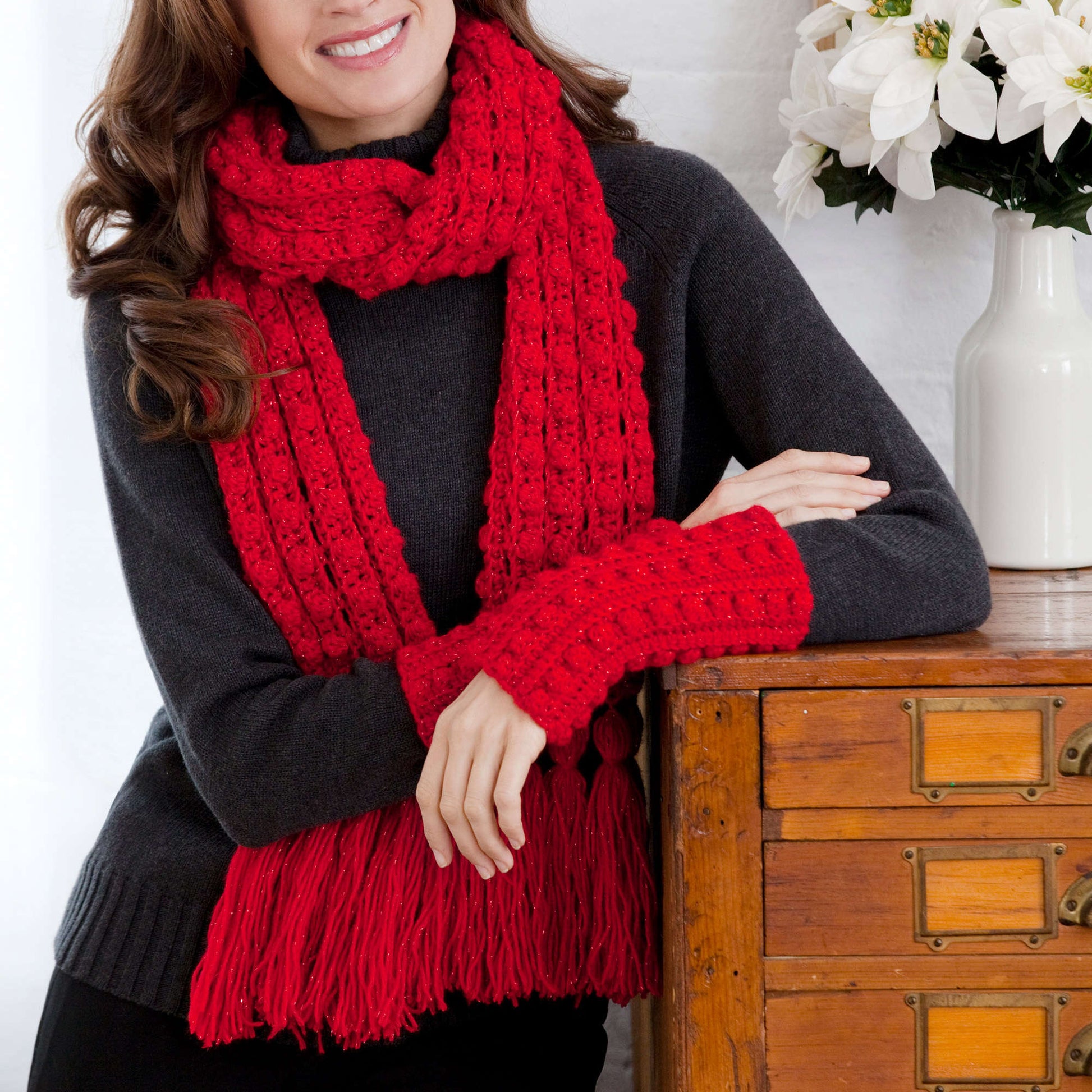 Free Red Heart Crochet Lacy Bobble Scarf And Wristlets Pattern