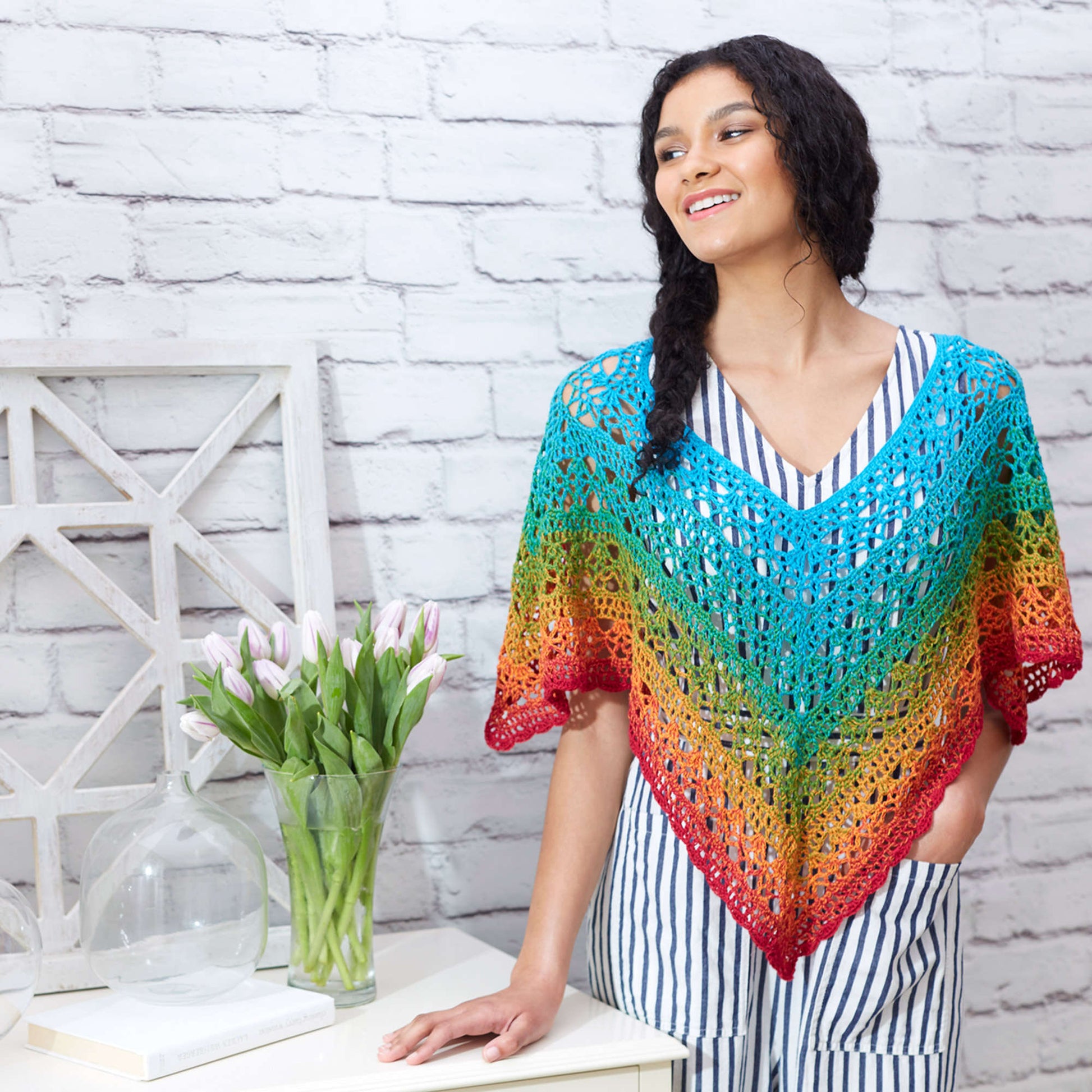 Multi-Color Striped 100% Alpaca Wool Knit Fringed Poncho - Swirling Fire