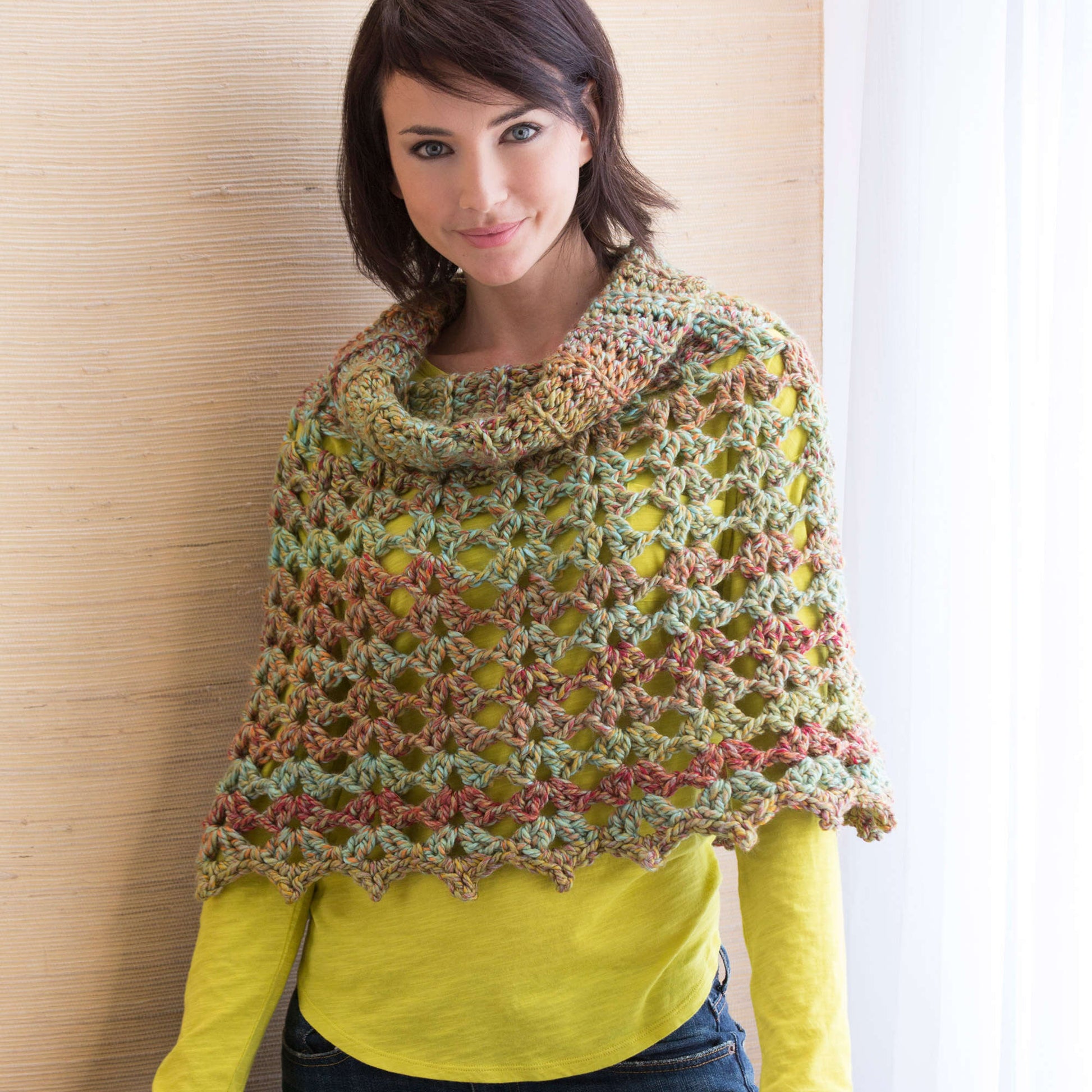 Free Red Crochet Heart Chic Cowl Neck Poncho Pattern