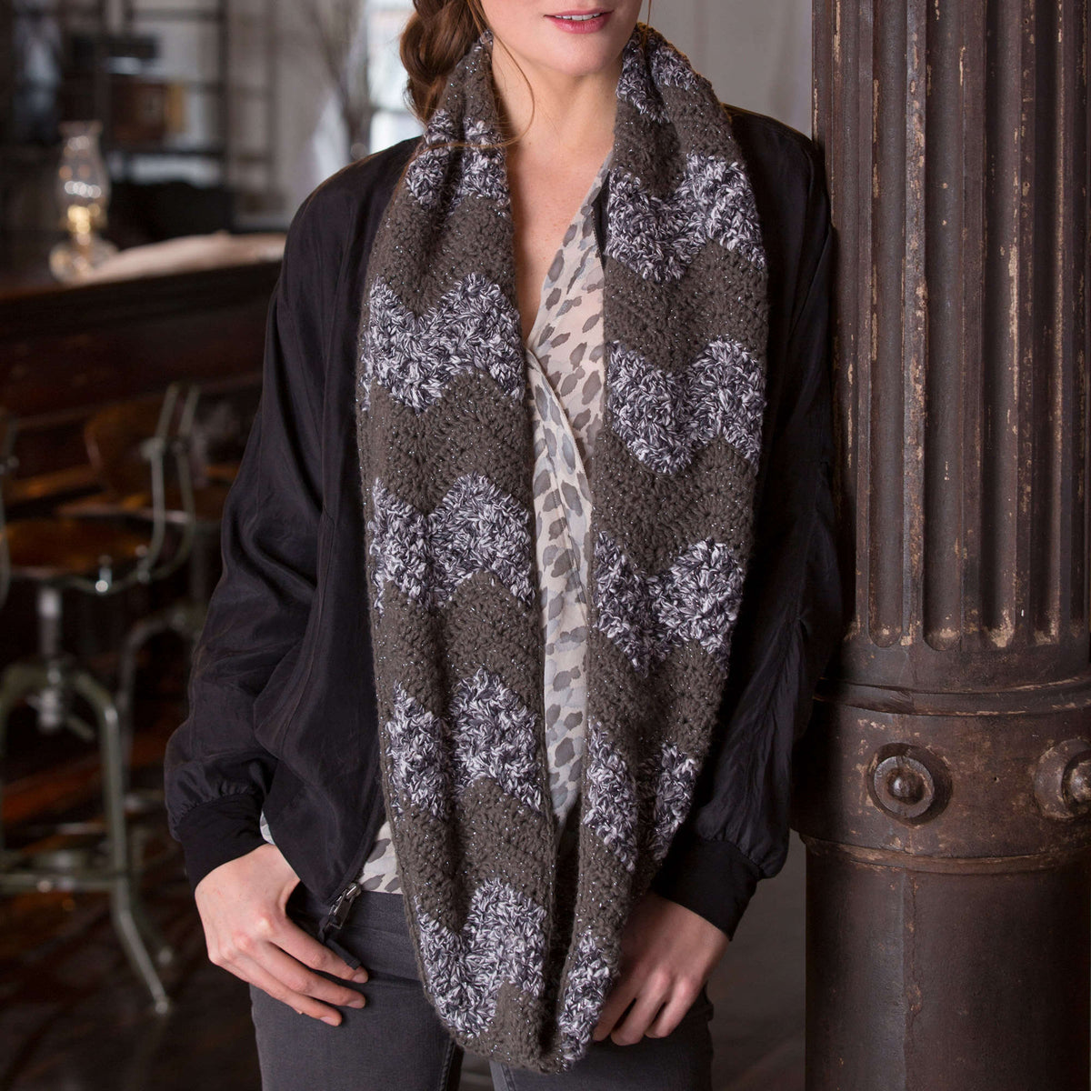 Crochet Cowl made in Red Heart Shimmer Yarn