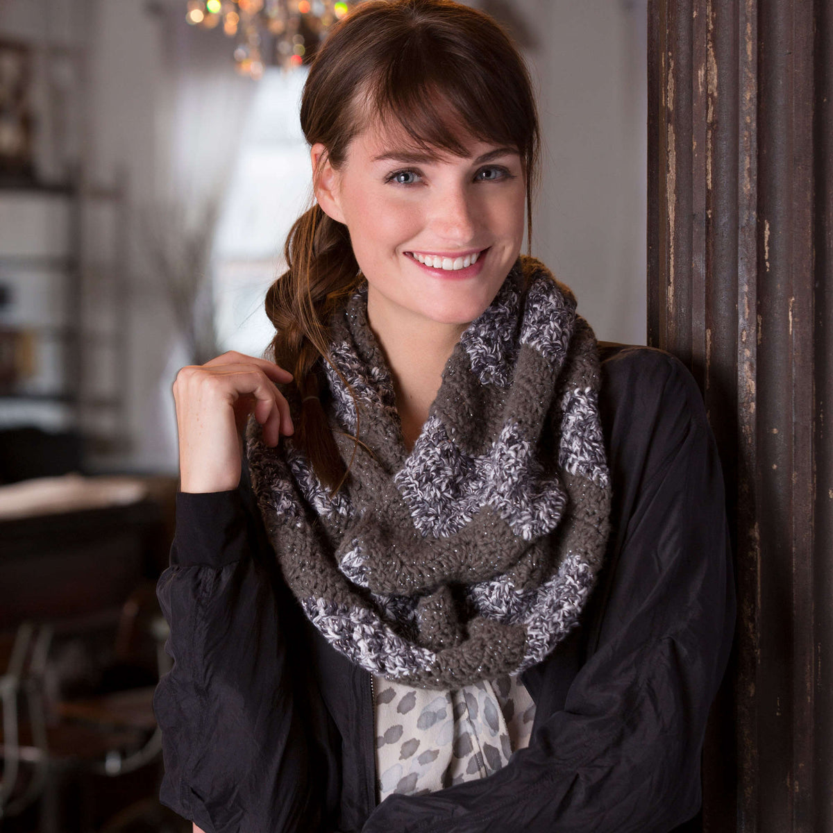 Crochet Cowl made in Red Heart Shimmer Yarn