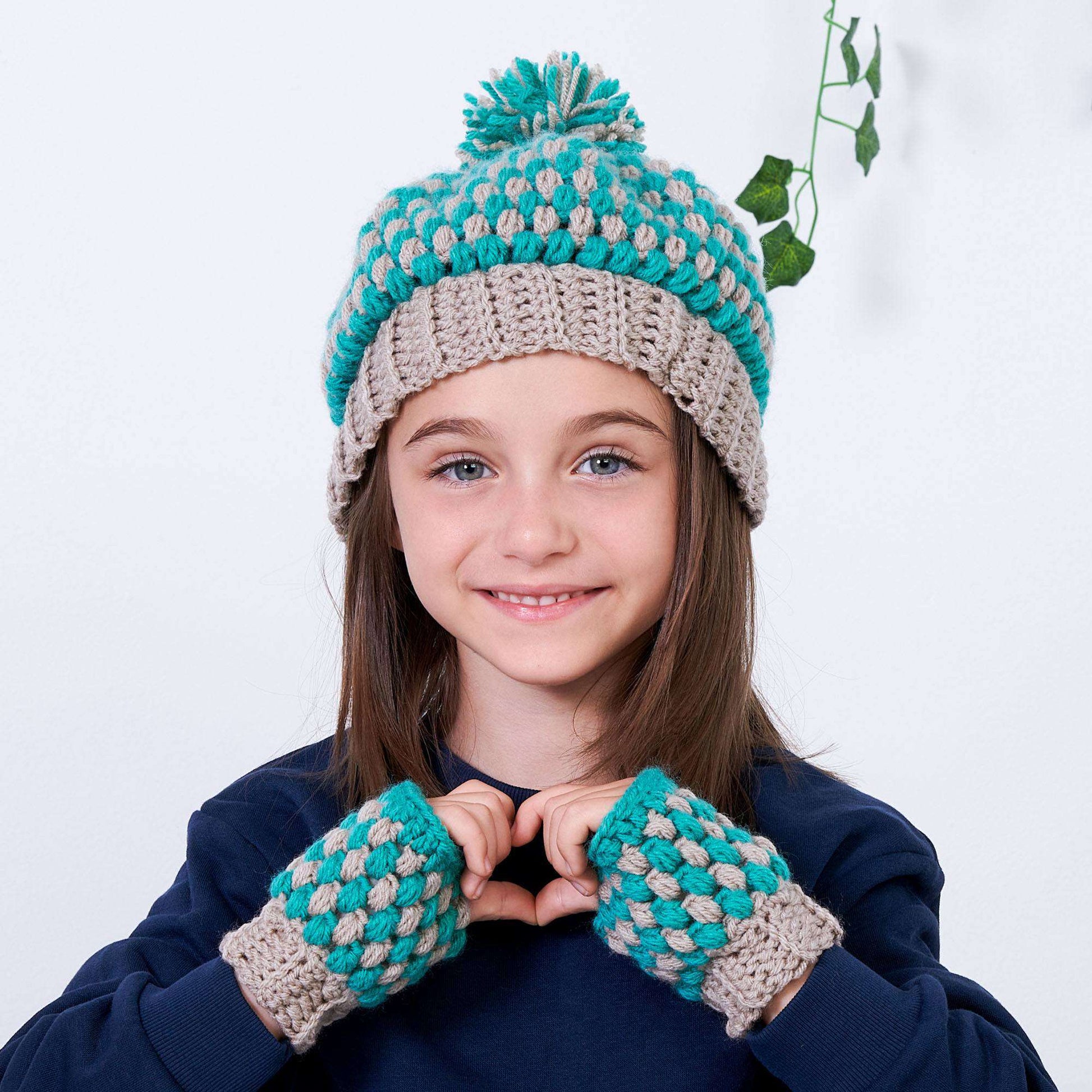 Free Red Heart Crochet Mom n' Me Puff Hat and Fingerless Gloves Pattern