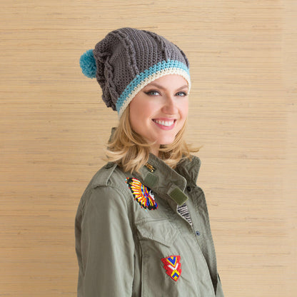 Red Heart Cabled Hat with Pompom Crochet Pompom made in Red Heart With Love Yarn