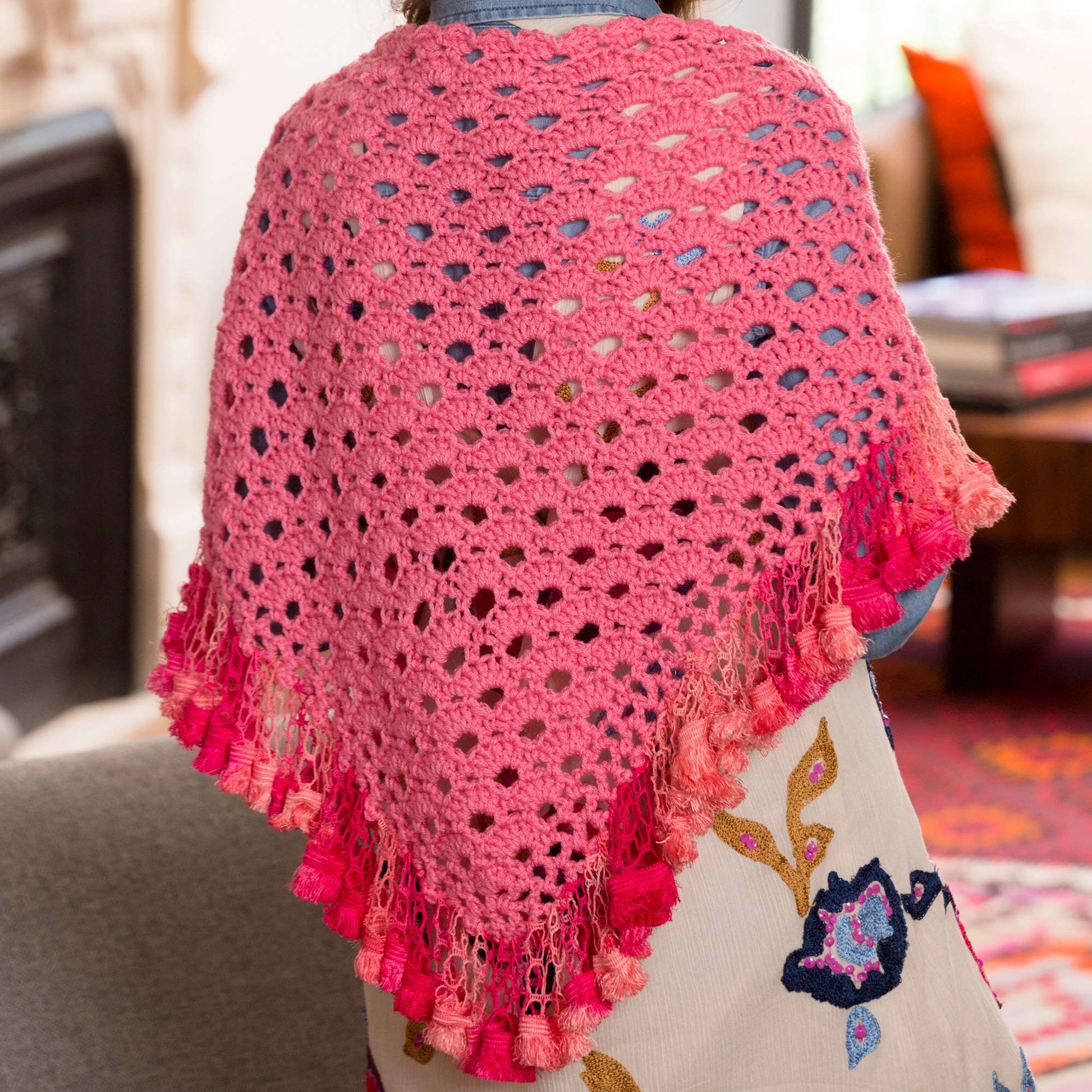 Free Red Heart Fringed V-Stitch Shawl Crochet Pattern