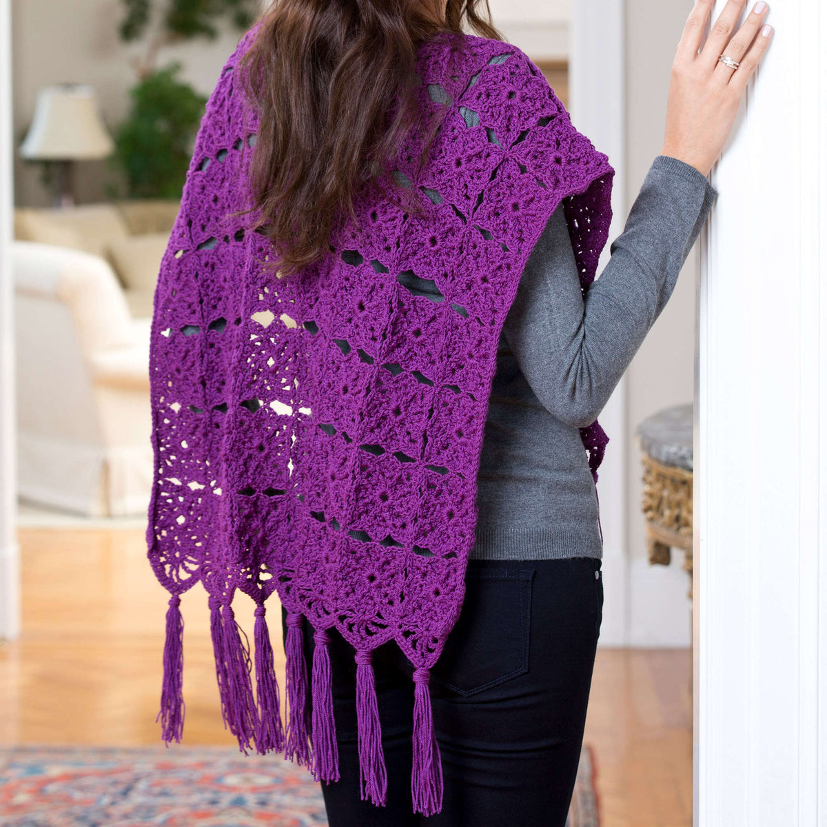 Crochet Ruana made in Red Heart Luster Sheen Yarn