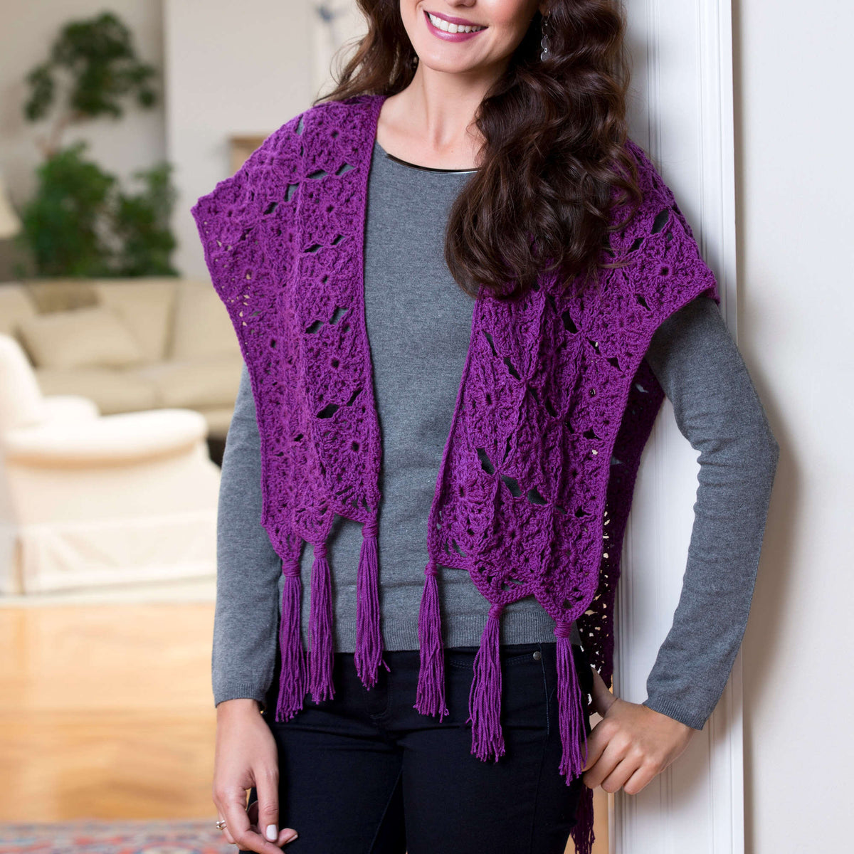 Crochet Ruana made in Red Heart Luster Sheen Yarn