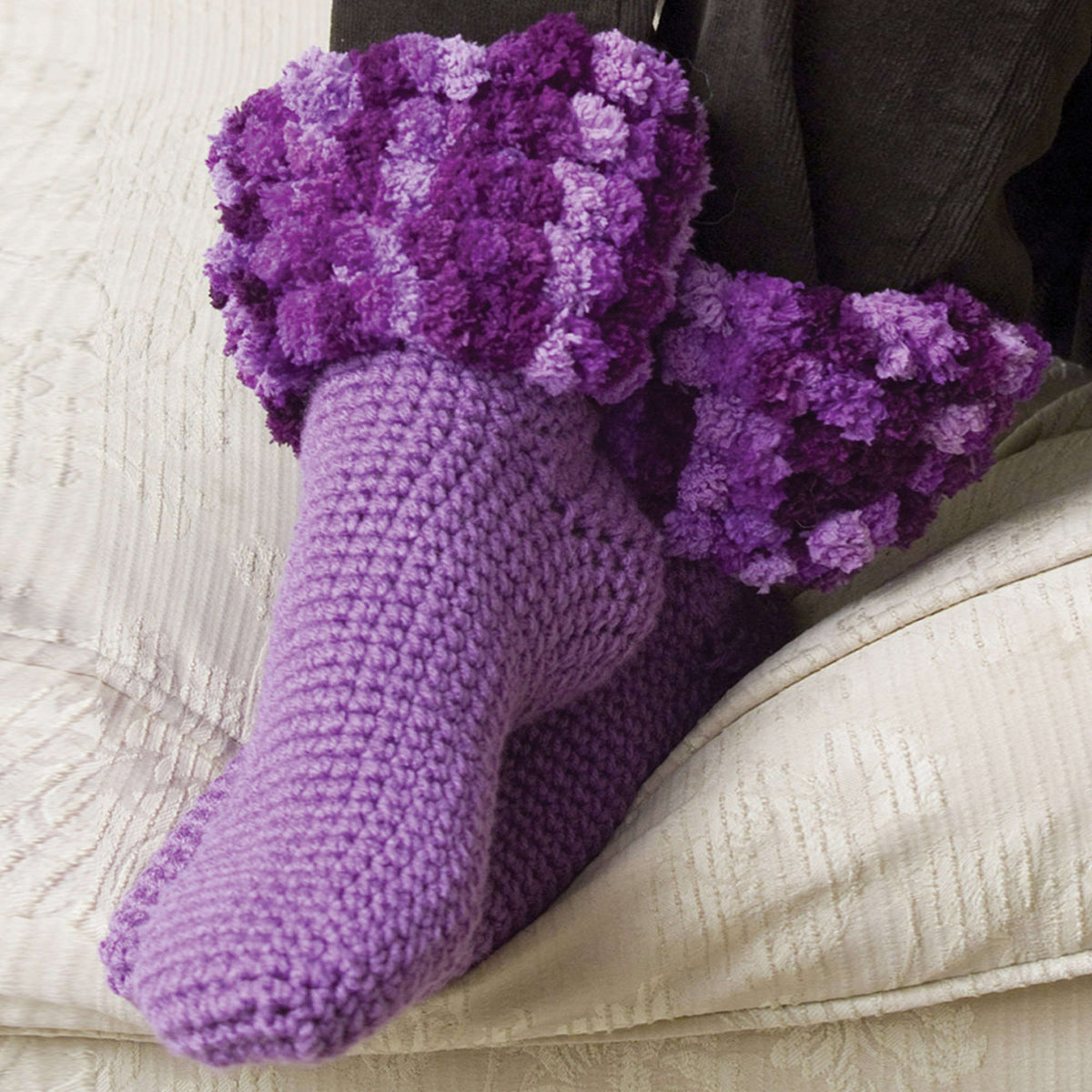 Crochet Slippers made in Red Heart Pomp-a-Doodle Yarn