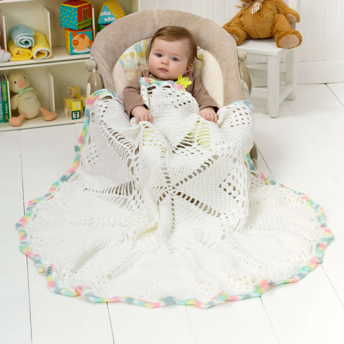 Crochet Blanket made in Red Heart Soft Baby Steps Yarn