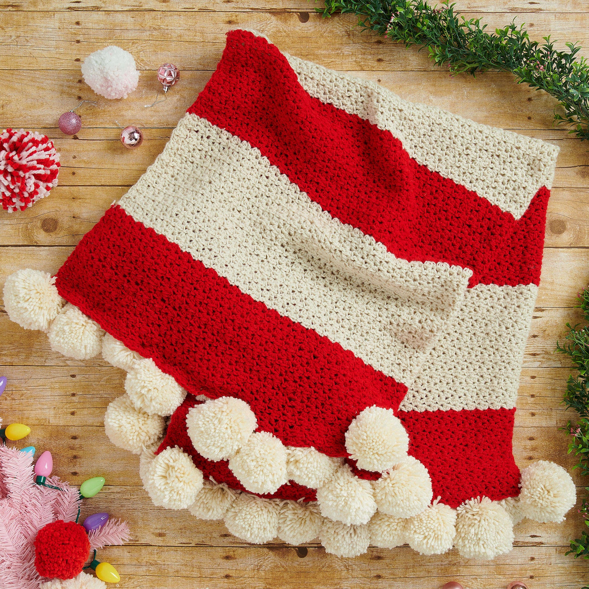 Free Red Heart Peppermint And Pompoms Crochet Throw Pattern