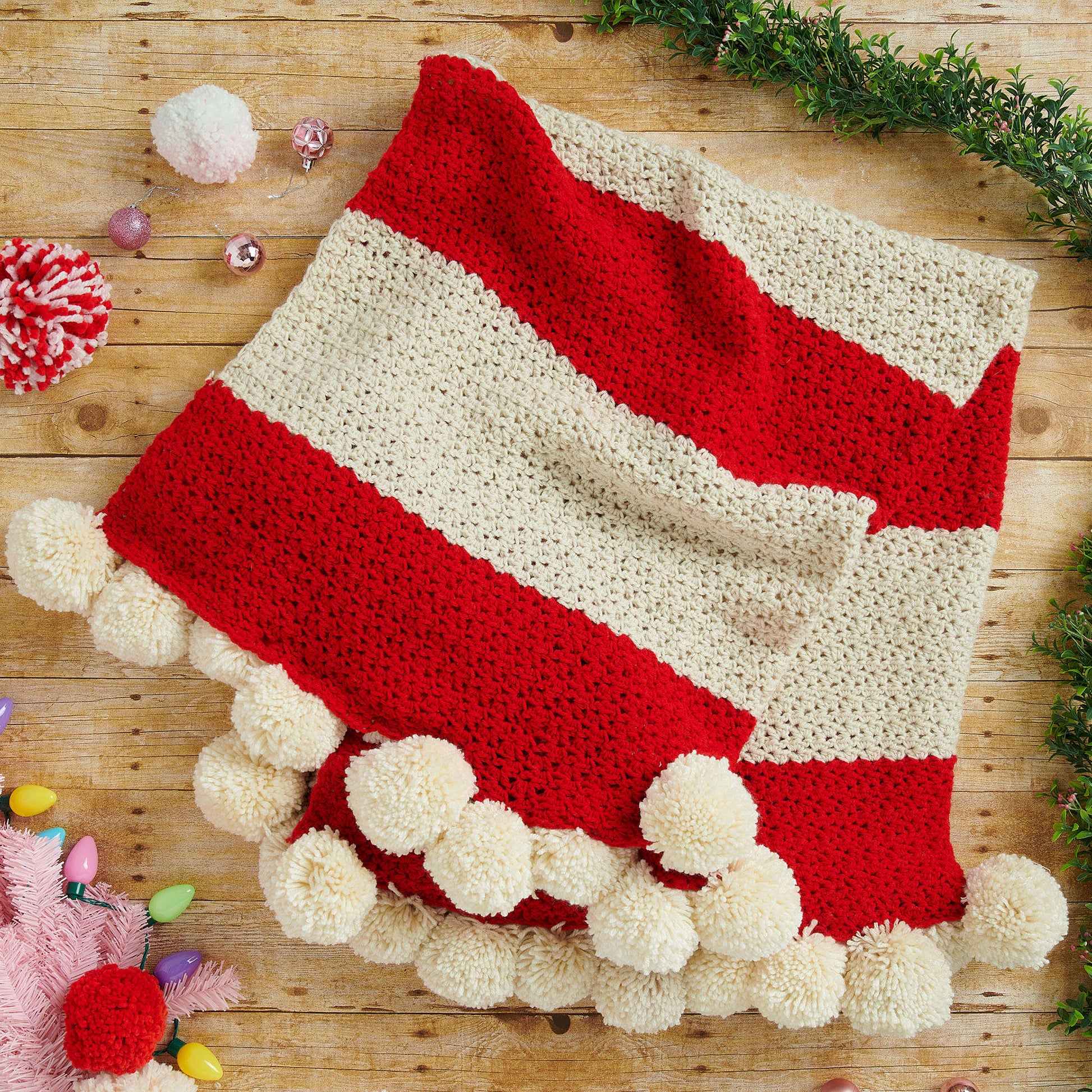 Free Easy Red Heart Peppermint Pompoms Throw Crochet Pattern