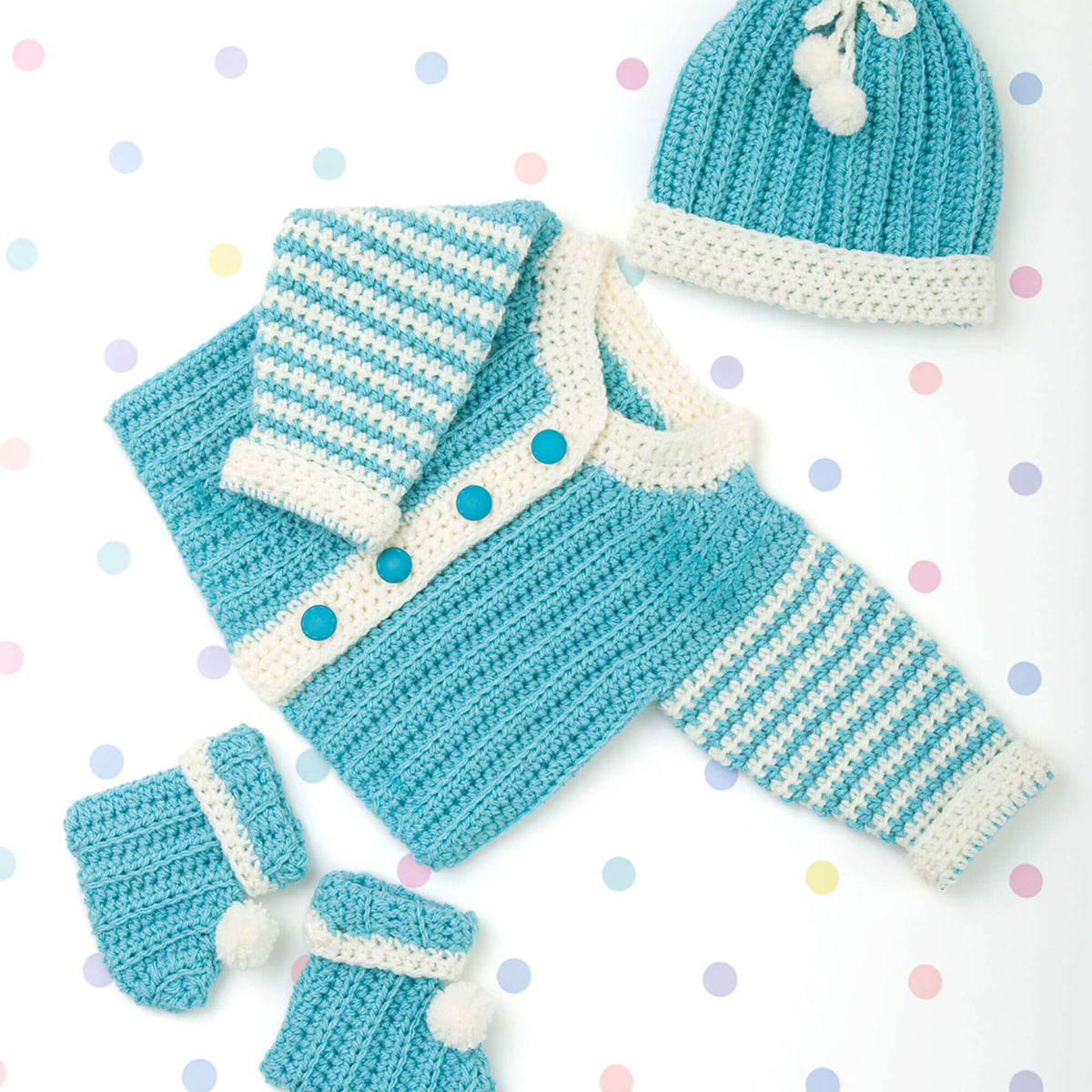 Crochet NewbornLayette made in Red Heart Baby Hugs Light Yarn