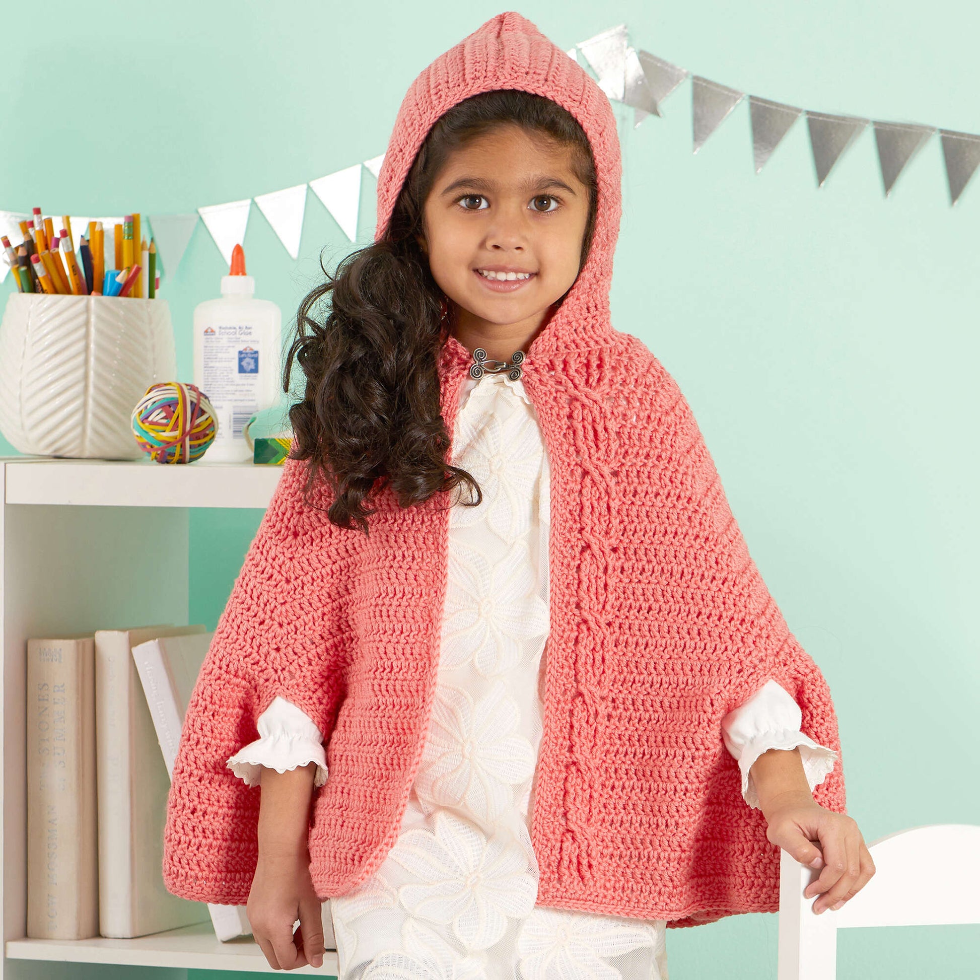 Free Red Heart Girl's Chic Hooded Capelet Crochet Pattern