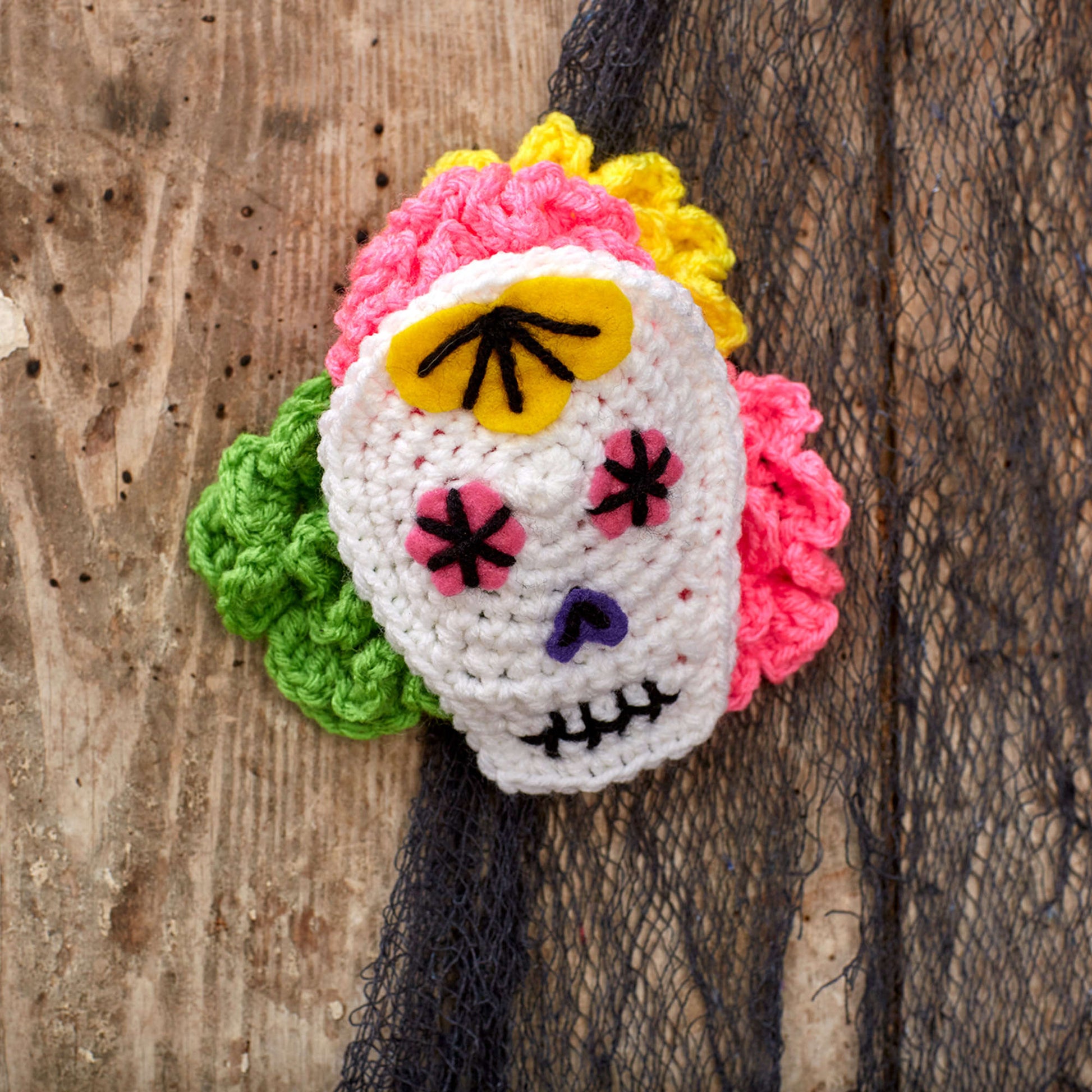 Free Red Heart Sugar Skull Toddler's Headpiece Crochet Pattern