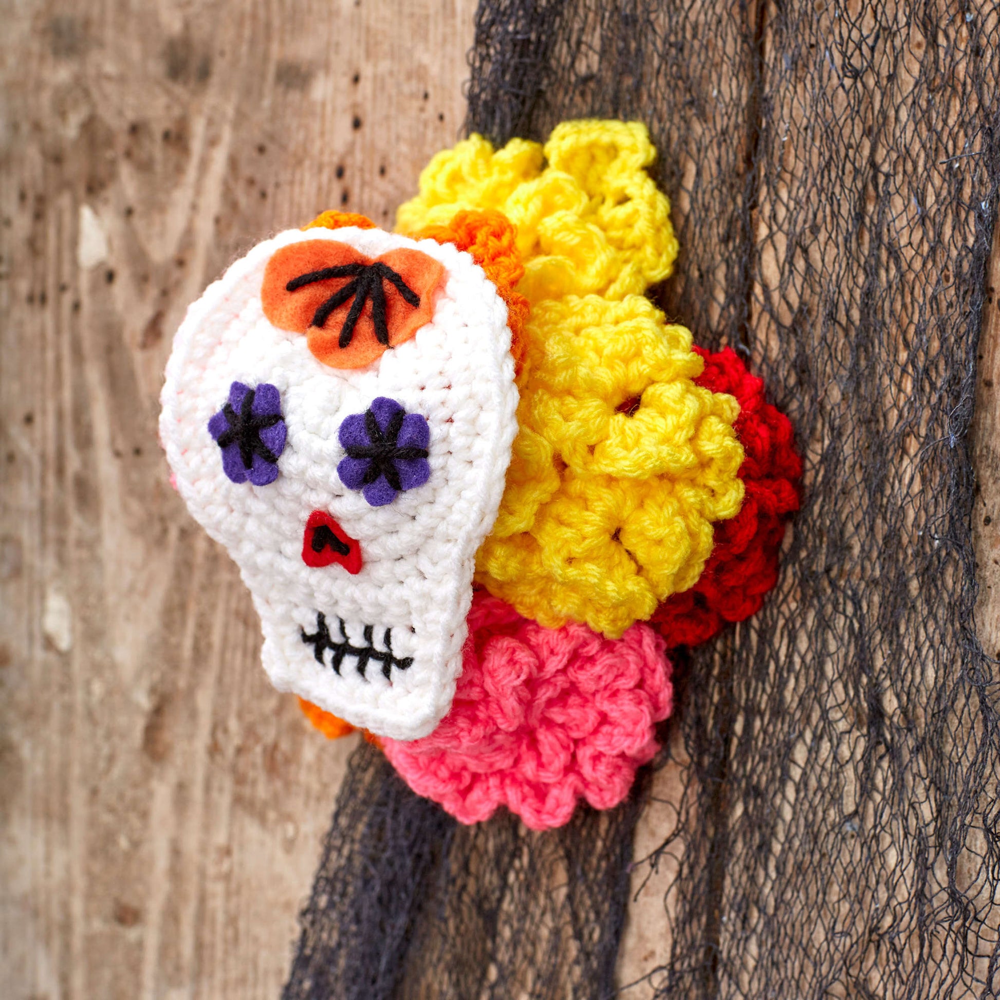 Free Red Heart Sugar Skull Child's Headpiece Crochet Pattern