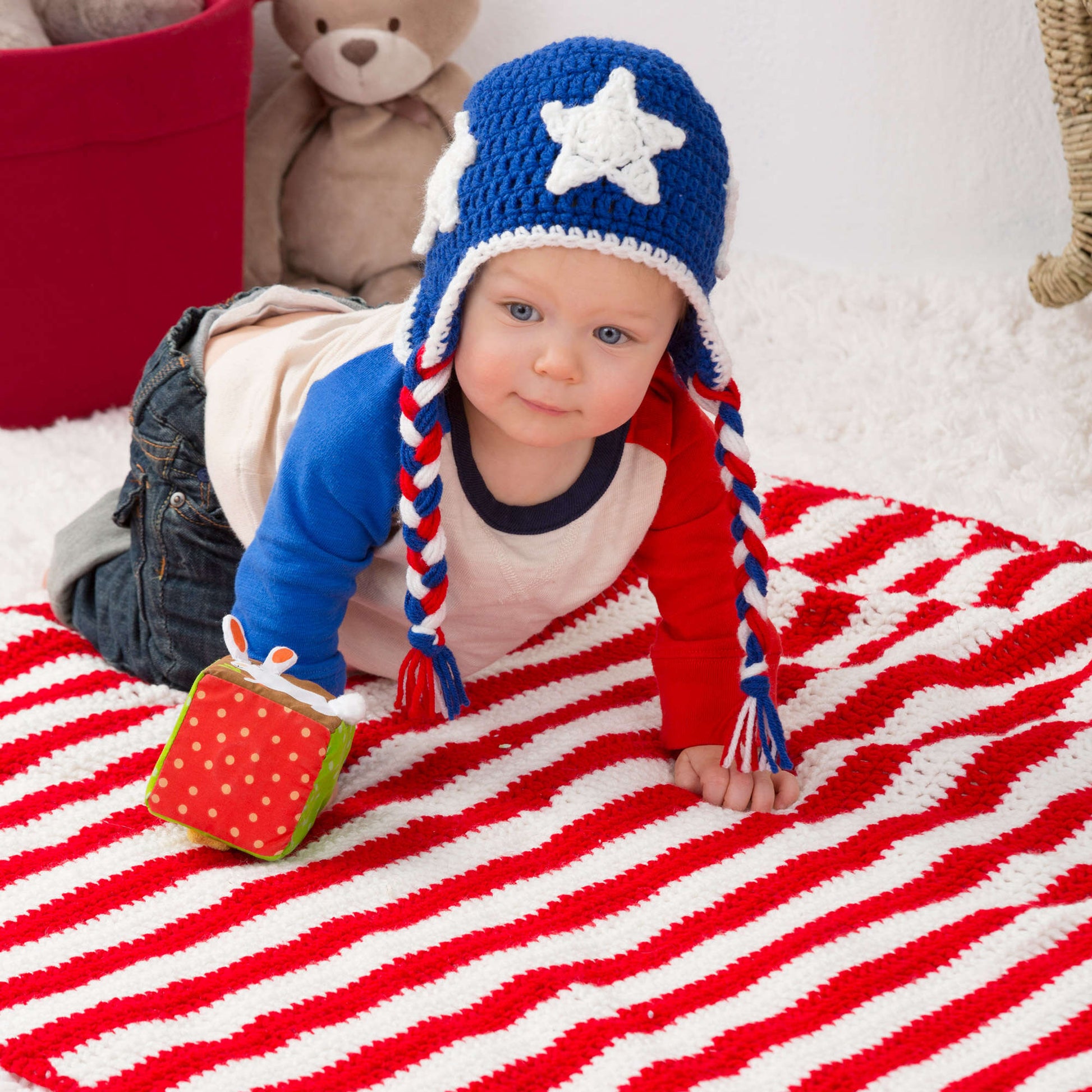 Free Red Heart Patriotic Stripes Crochet Blanket & Hat Pattern